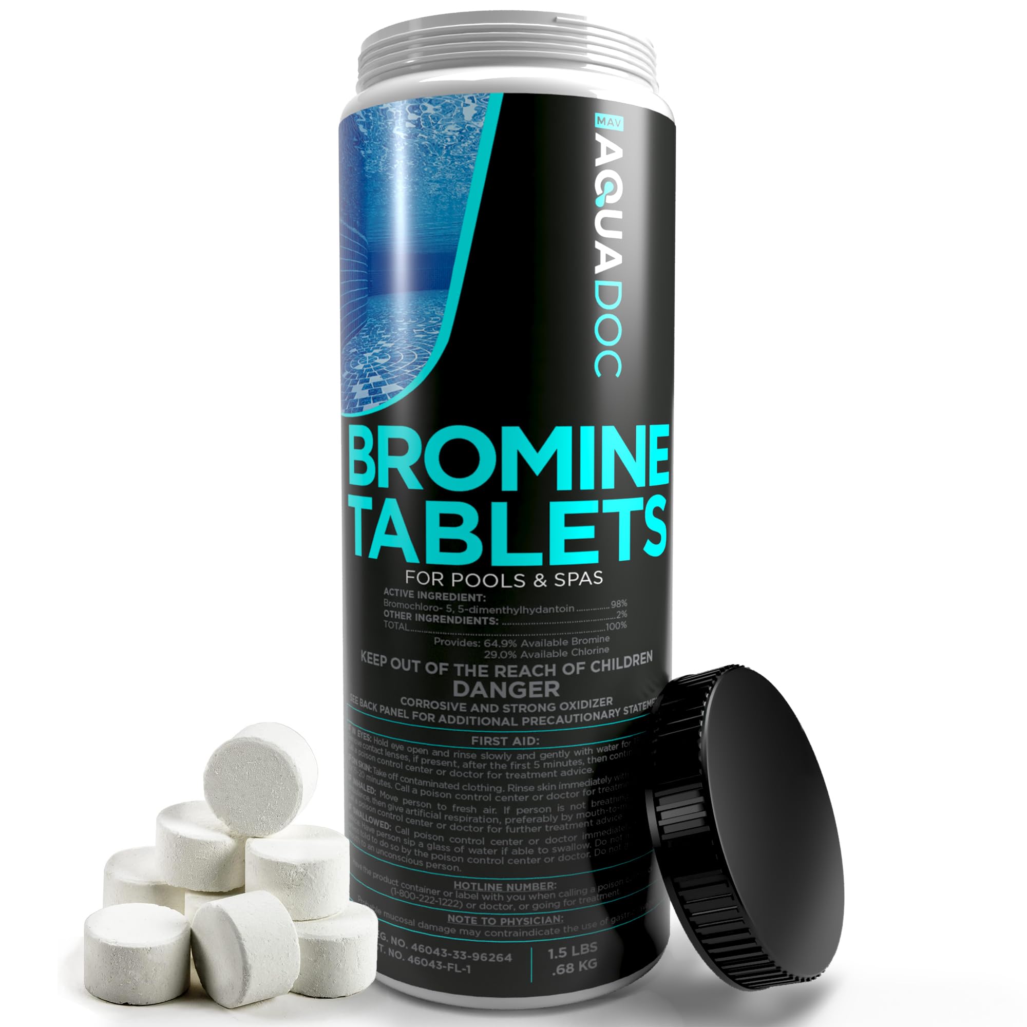 MAV Aquadoc bromine tablets for hot tub one point five pounds improve sanitation and clarity.