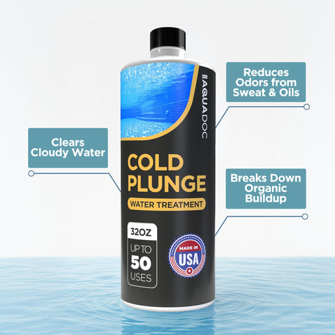 AquaDoc Cold Plunge Water Treatment label front highlights USA-made quality.