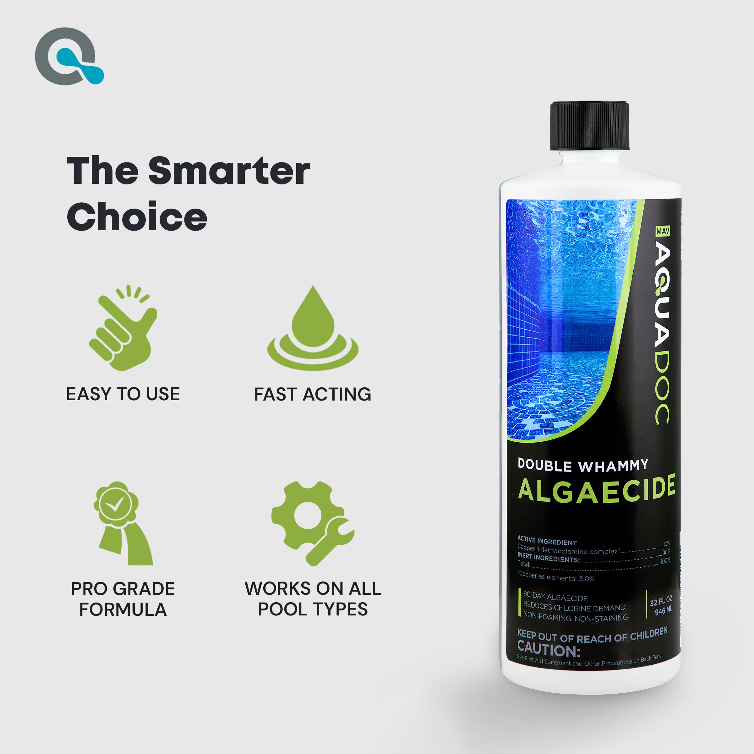 MAV AquaDoc copper algaecide USA made stamp emphasizes quality standards.