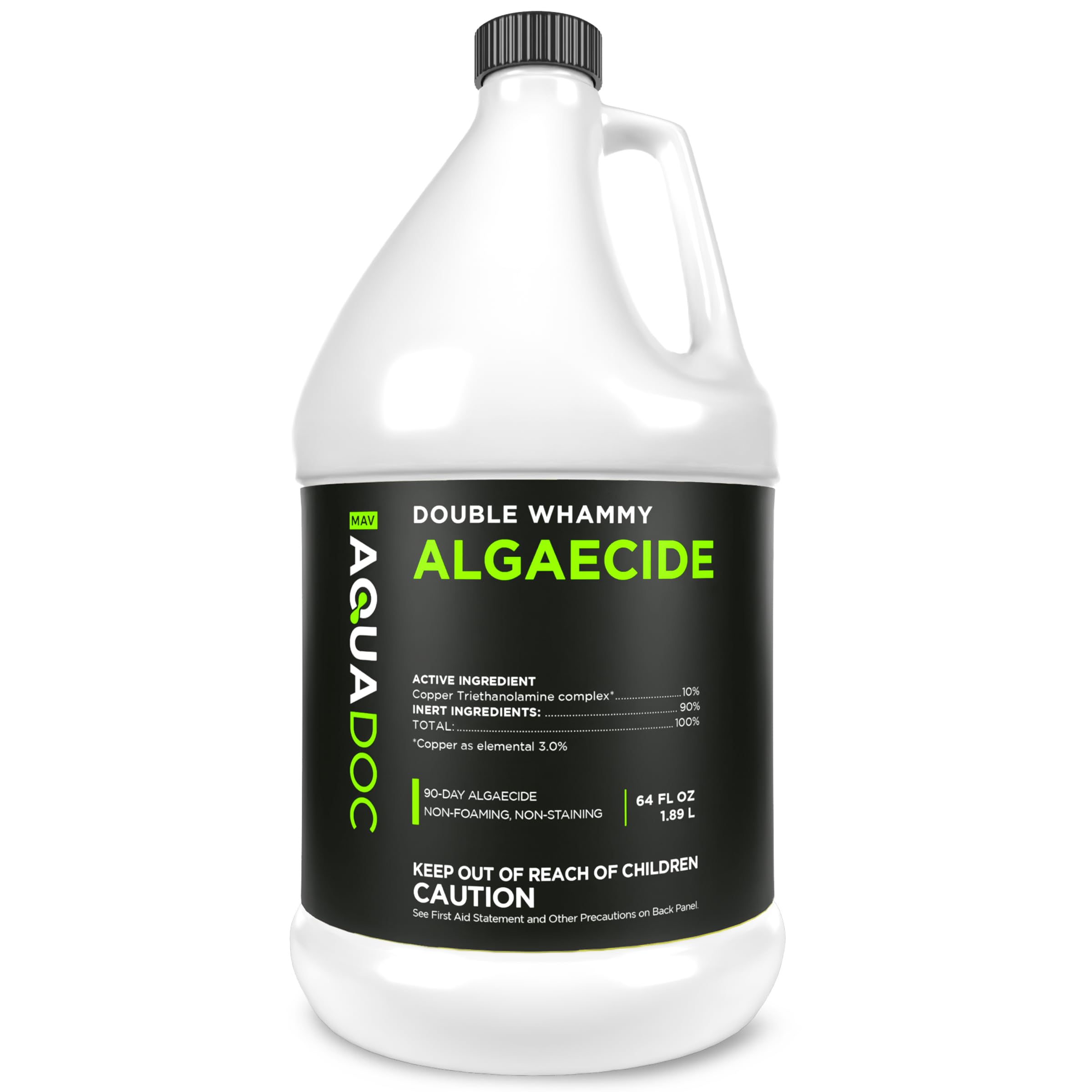 MAV AquaDoc copper pool algaecide bottle shown for clear water