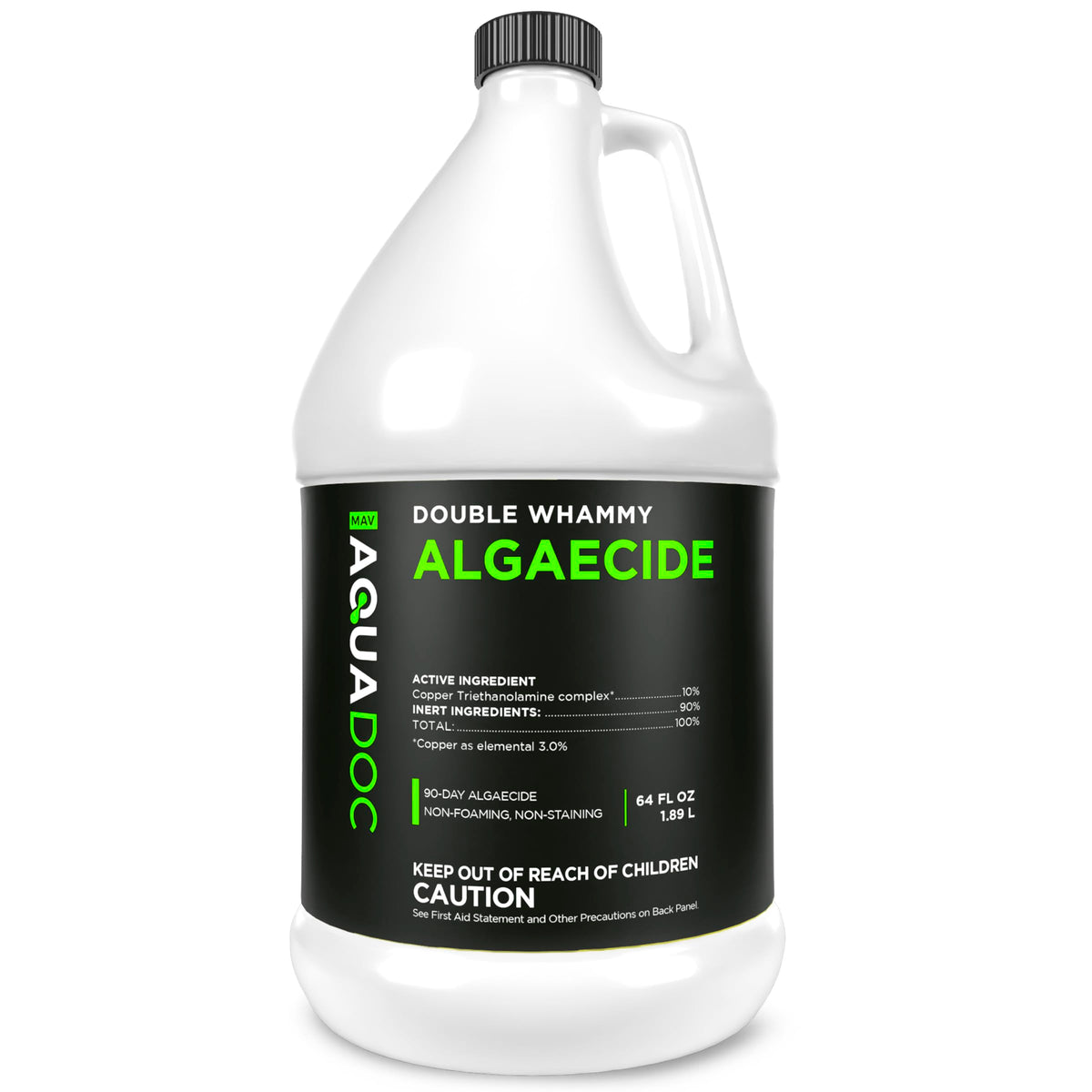 MAV AquaDoc copper pool algaecide bottle shown for clear water