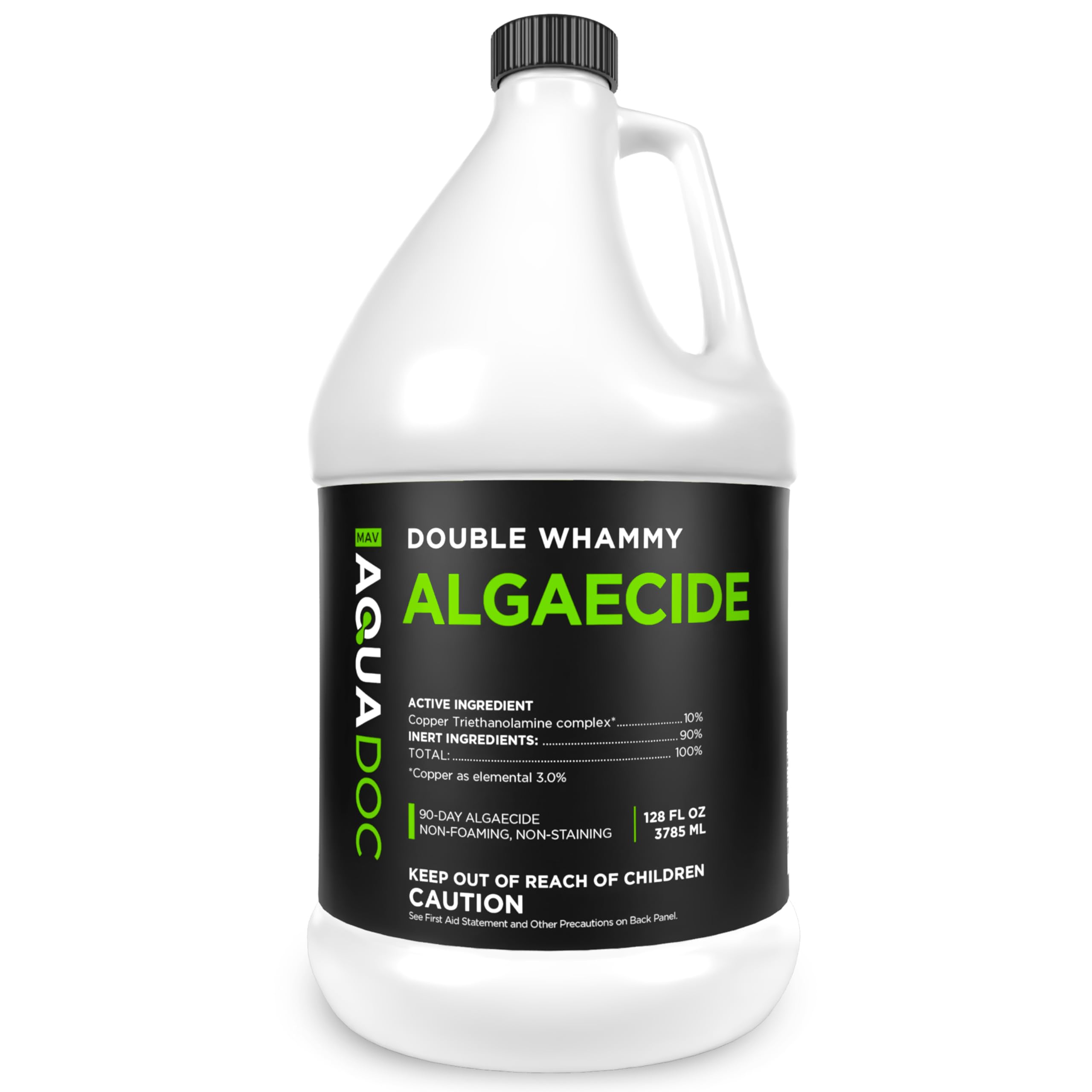 MAV AquaDoc copper pool algaecide bottle shows long-lasting algae control for clear water.