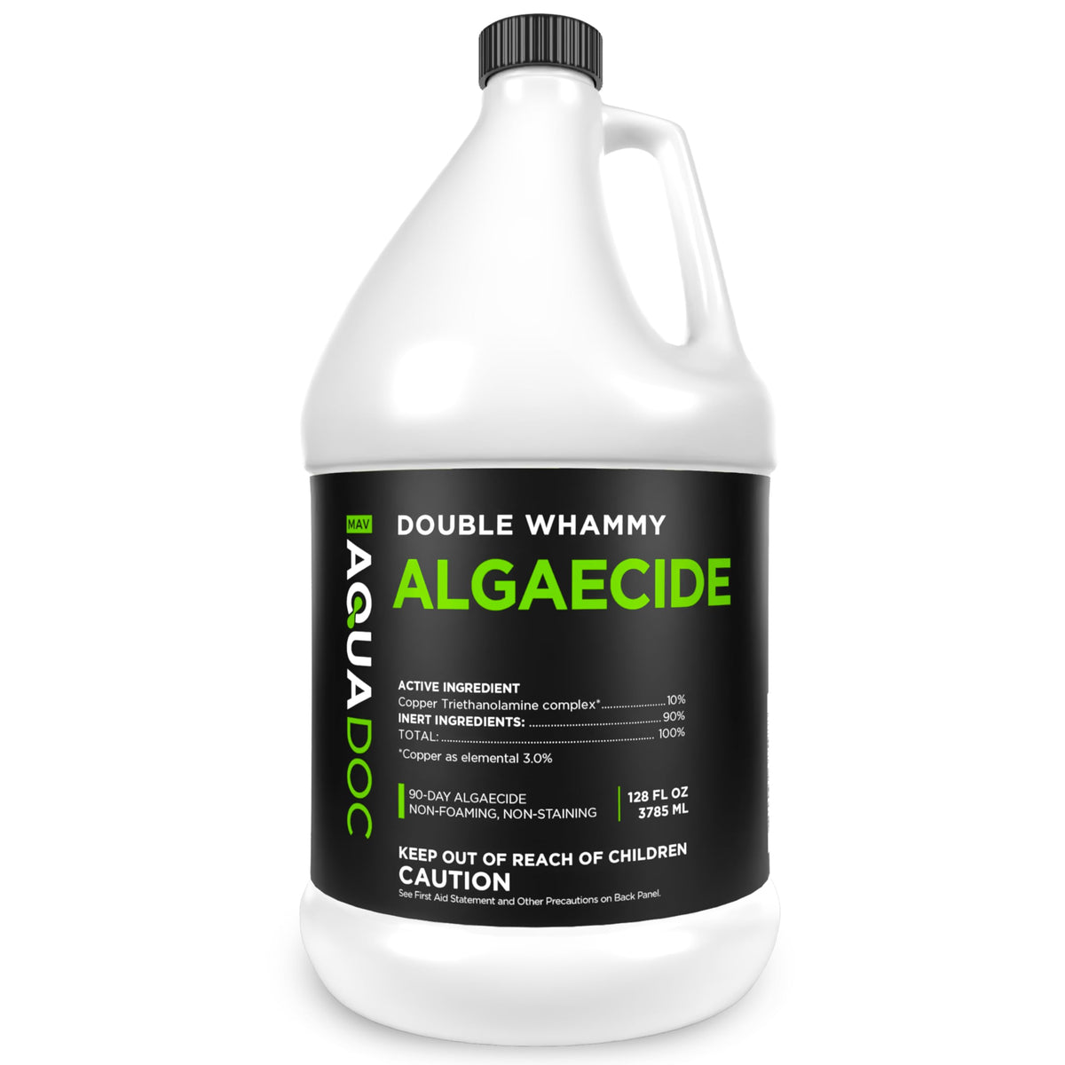 MAV AquaDoc copper pool algaecide bottle shows long-lasting algae control for clear water.