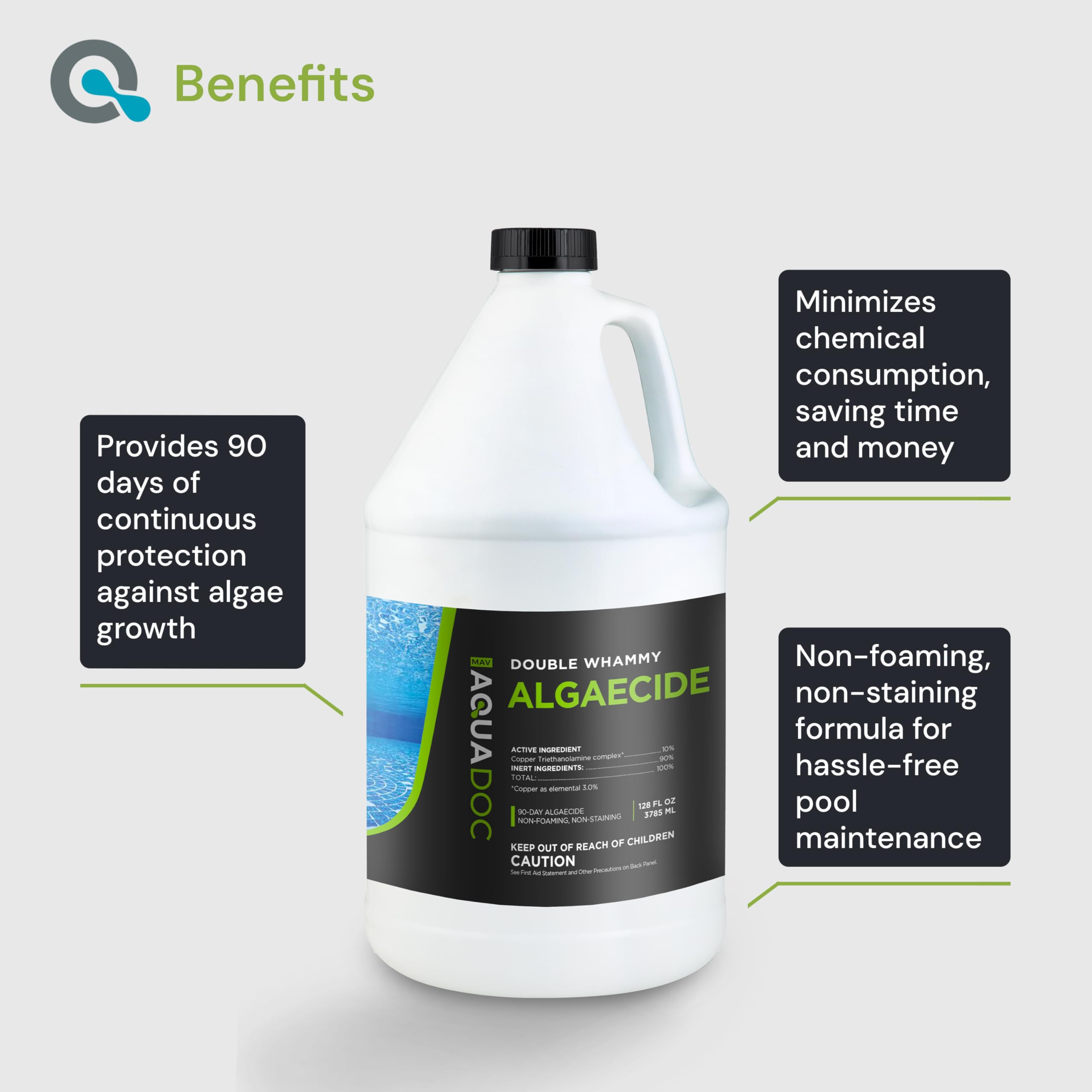 MAV AquaDoc copper pool algaecide pour action demonstrates easy application and even distribution.
