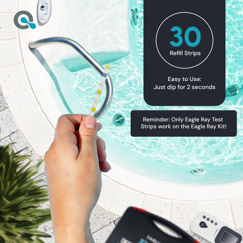 MAV AquaDoc Eagle Ray kit bottle with strips tray ready for at-home spa testing.
