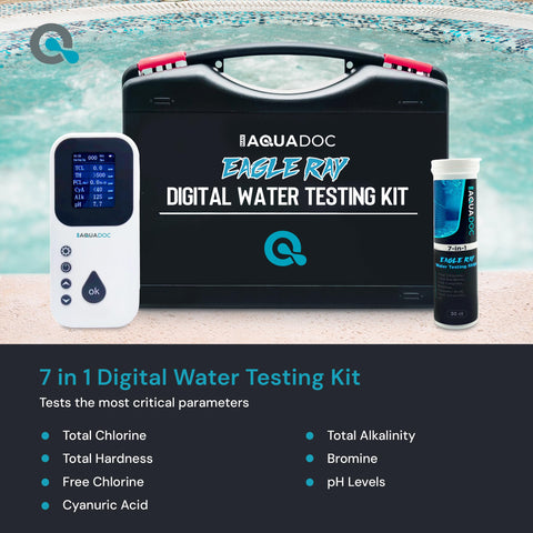 MAV AquaDoc Eagle Ray digital tester screen shows numeric results for easy water balancing.