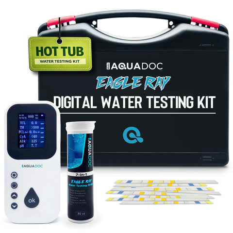 MAV AquaDoc Eagle Ray digital spa test kit front view with a clear display for quick balance.