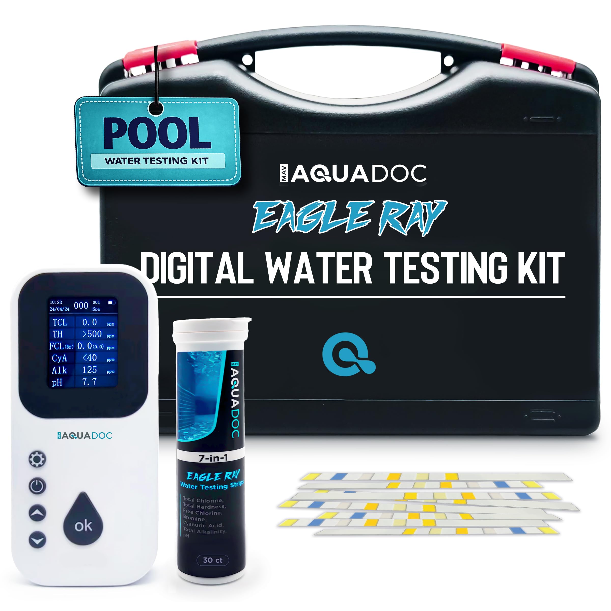 MAV AquaDoc Eagle Ray digital tester displays clear pool readings