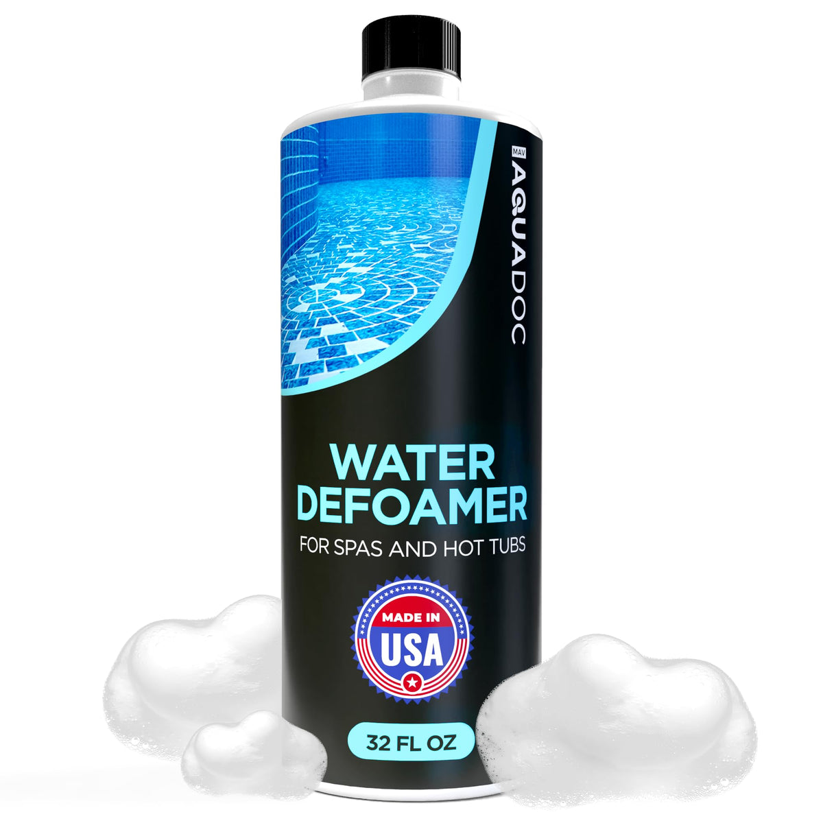MAV AquaDoc hot tub defoamer bottle pour reduces foam quickly.