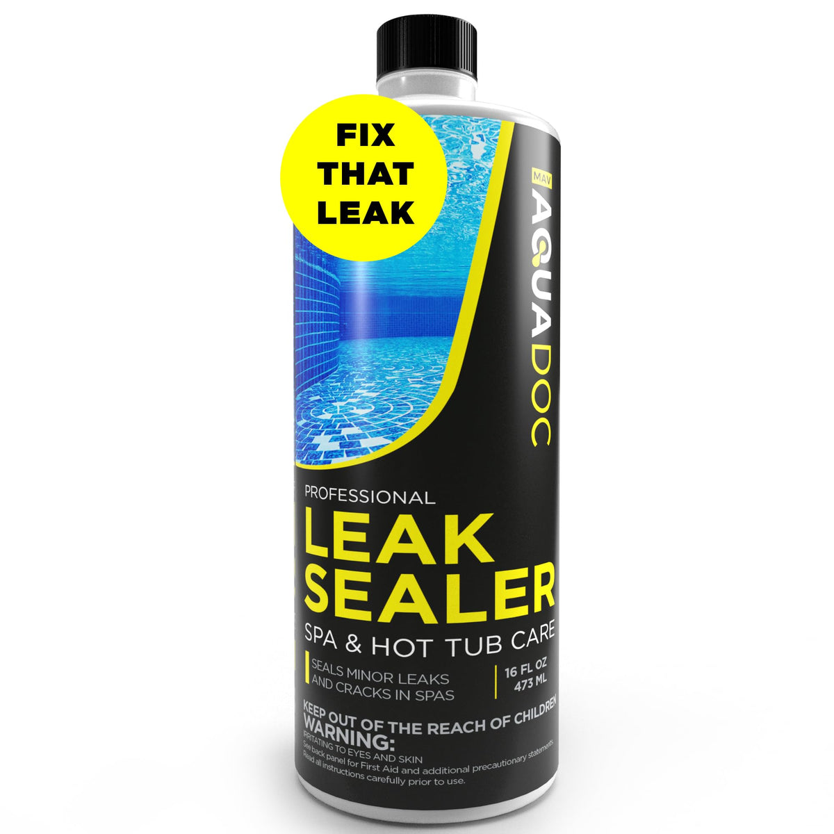 AquaDoc hot tub leak sealer bottle ready for fast repairs.