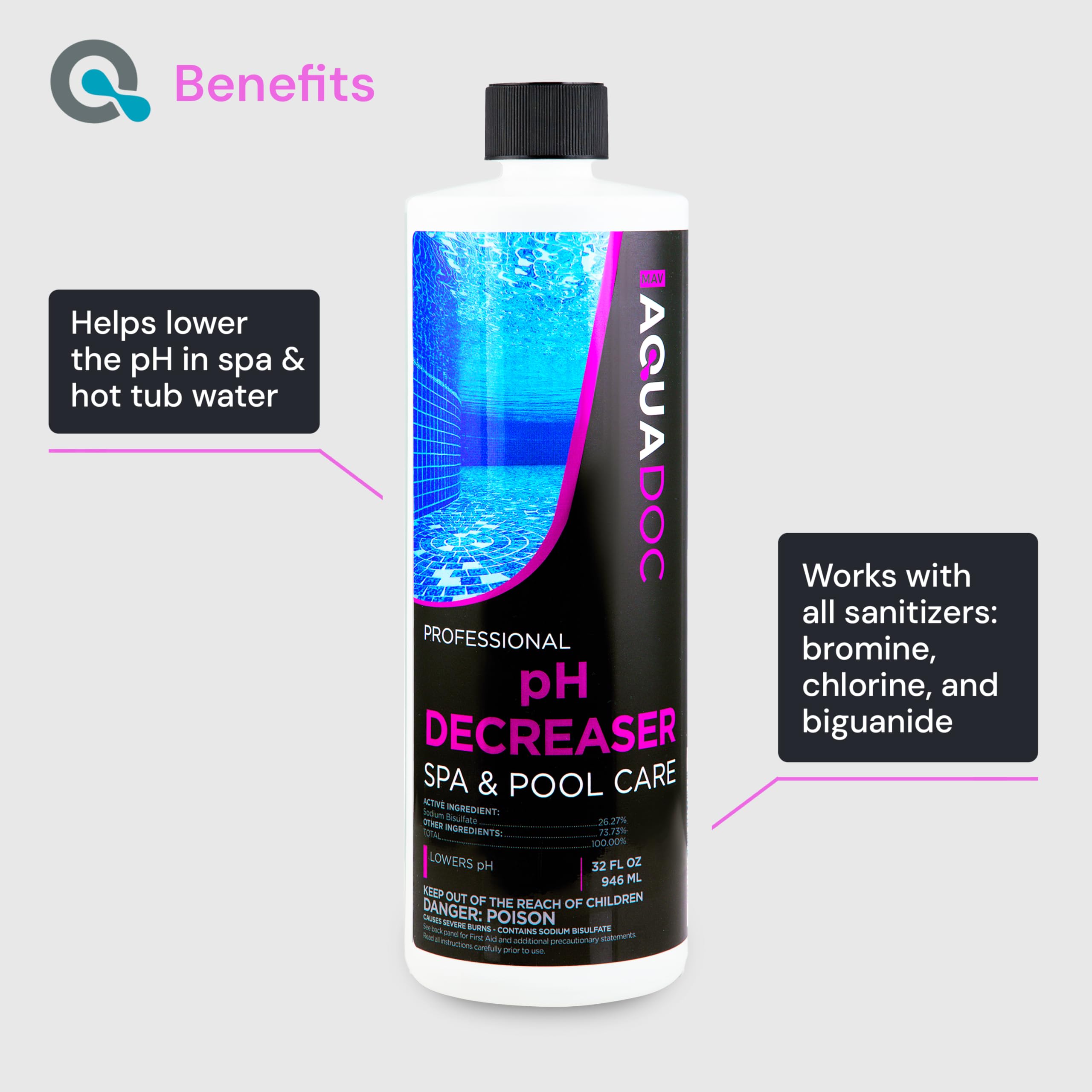 AquaDoc hot tub pH decreaser label closeup with dosing instructions
