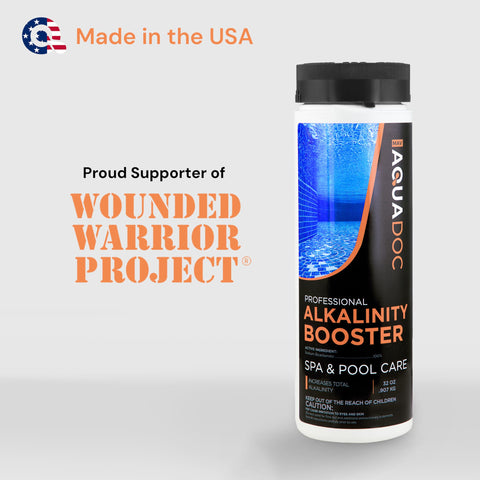 AquaDoc logo close-up on USA-made spa care label.