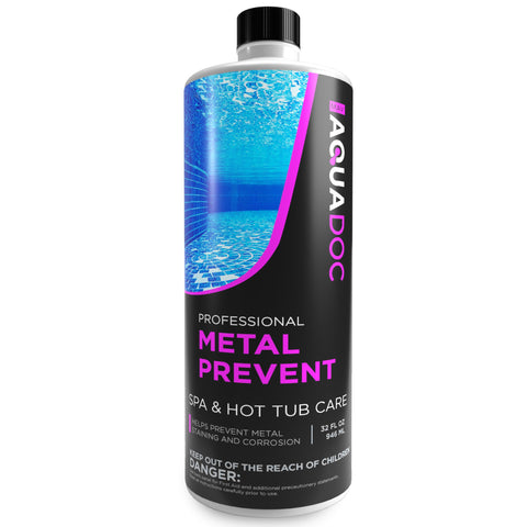 Aquadoc Metal Gone bottle being poured to reduce metal buildup in a hot tub.