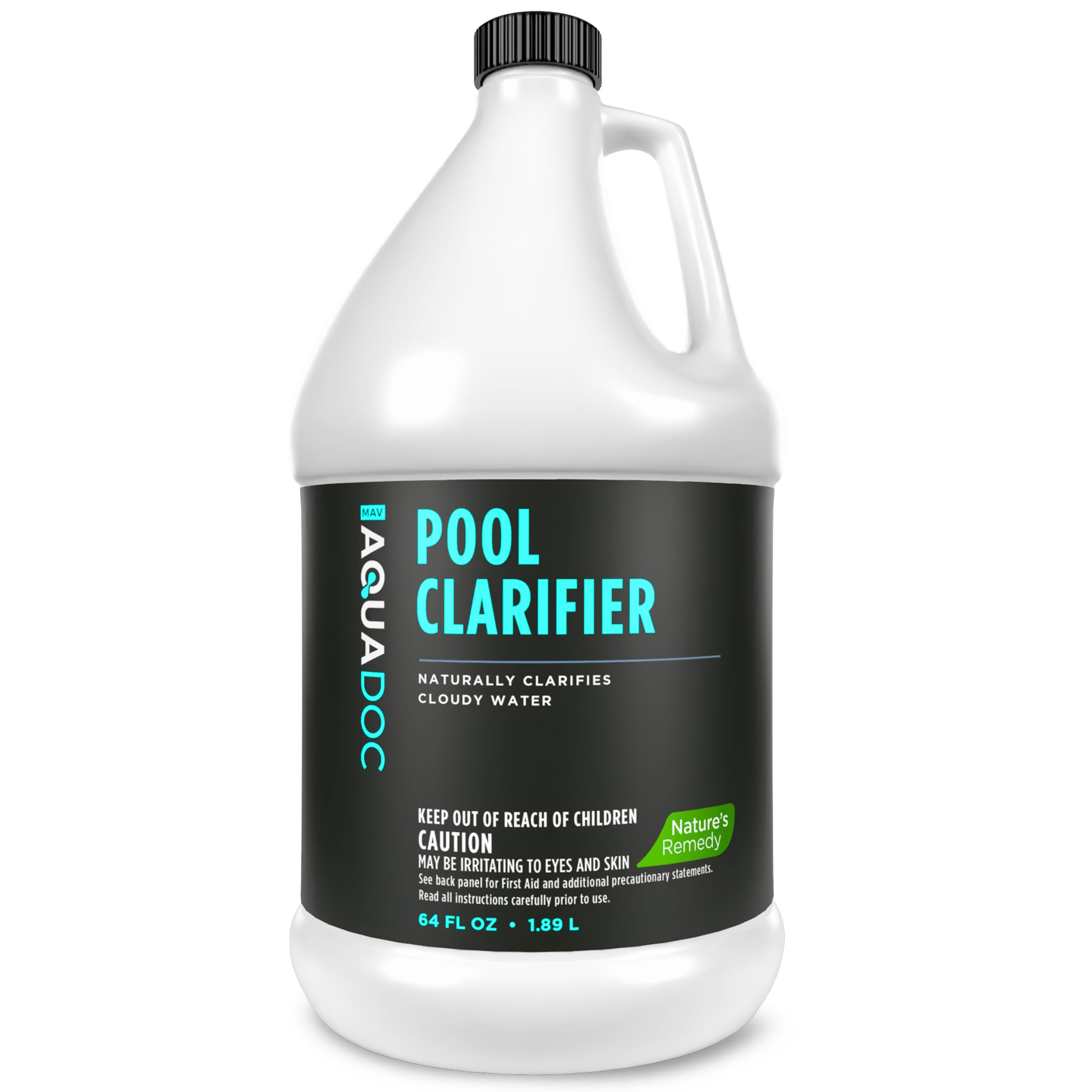 MAV AquaDoc natural clarifier bottle pour improves pool clarity.