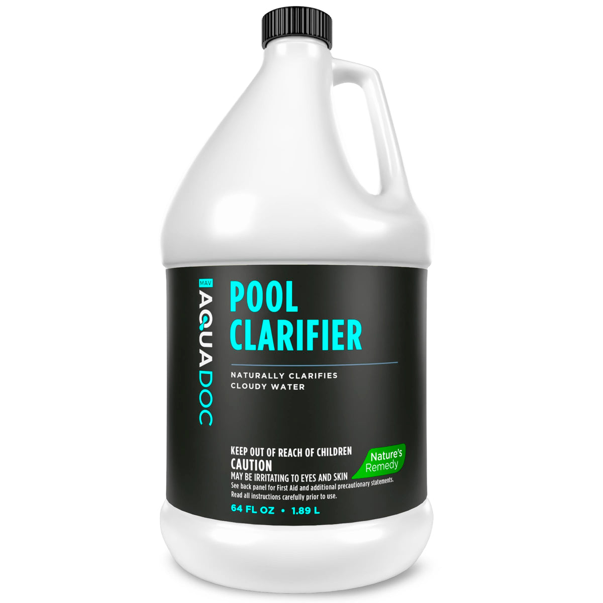 MAV AquaDoc natural clarifier bottle pour improves pool clarity.