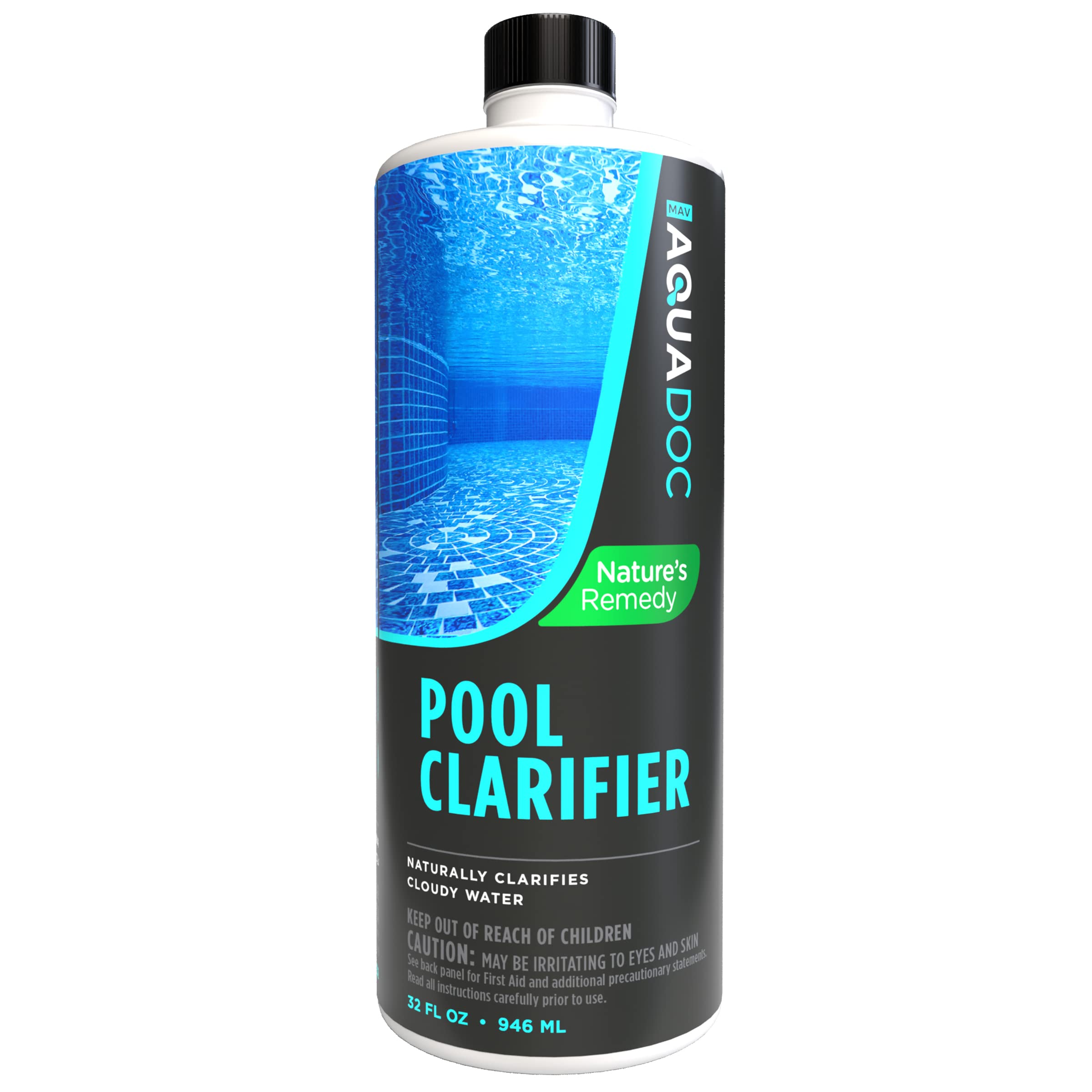 MAV AquaDoc natural pool clarifier bottle showing eco-friendly formula for clearer water