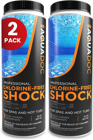 AquaDoc Non-Chlorine Hot Tub Shock bottle pours into a spa for quick oxidation