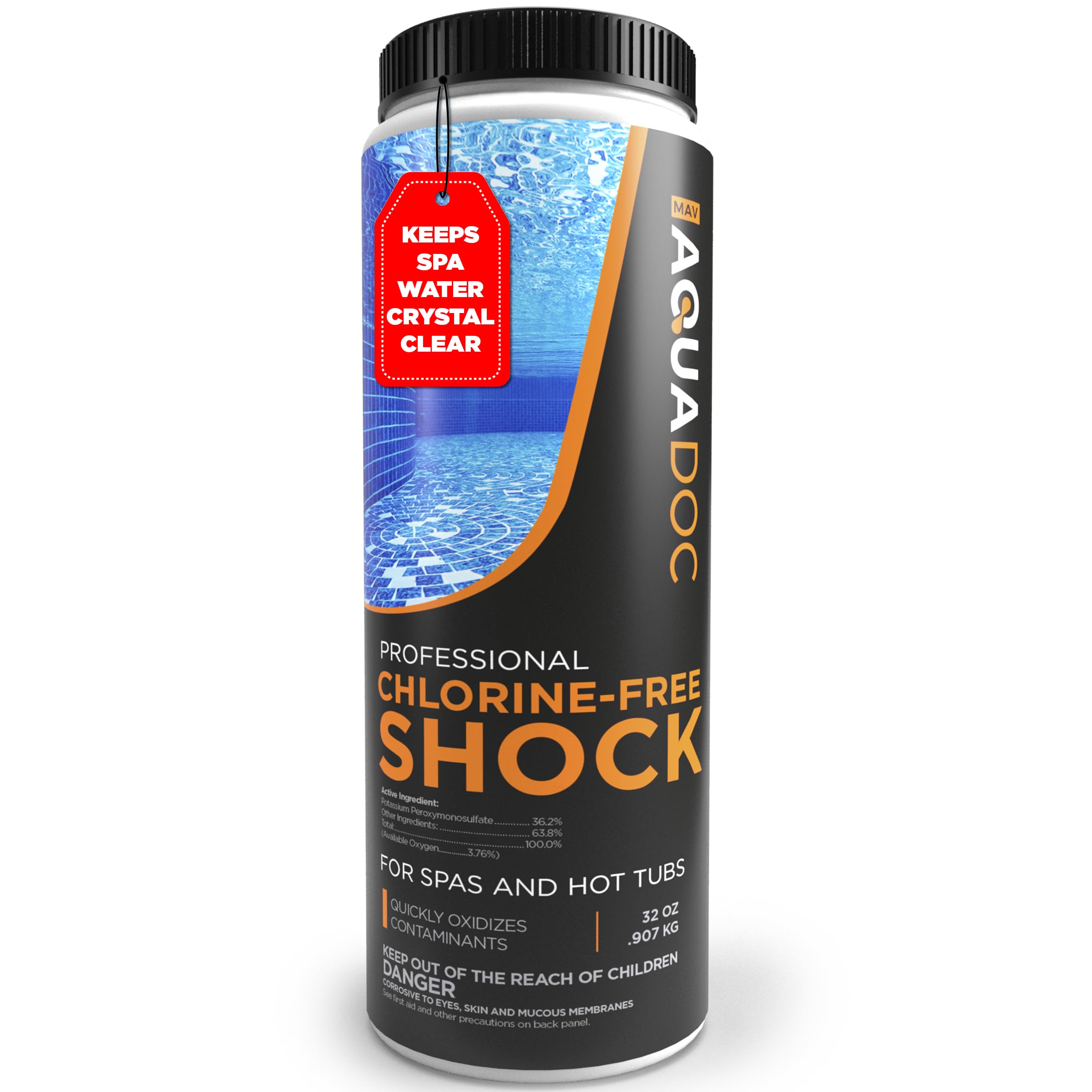 MAV AquaDoc non-chlorine hot tub shock bottle labeled for quick oxidation.