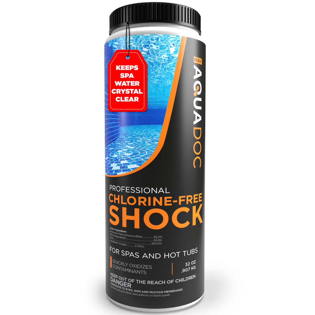 MAV AquaDoc non-chlorine hot tub shock bottle labeled for quick oxidation.