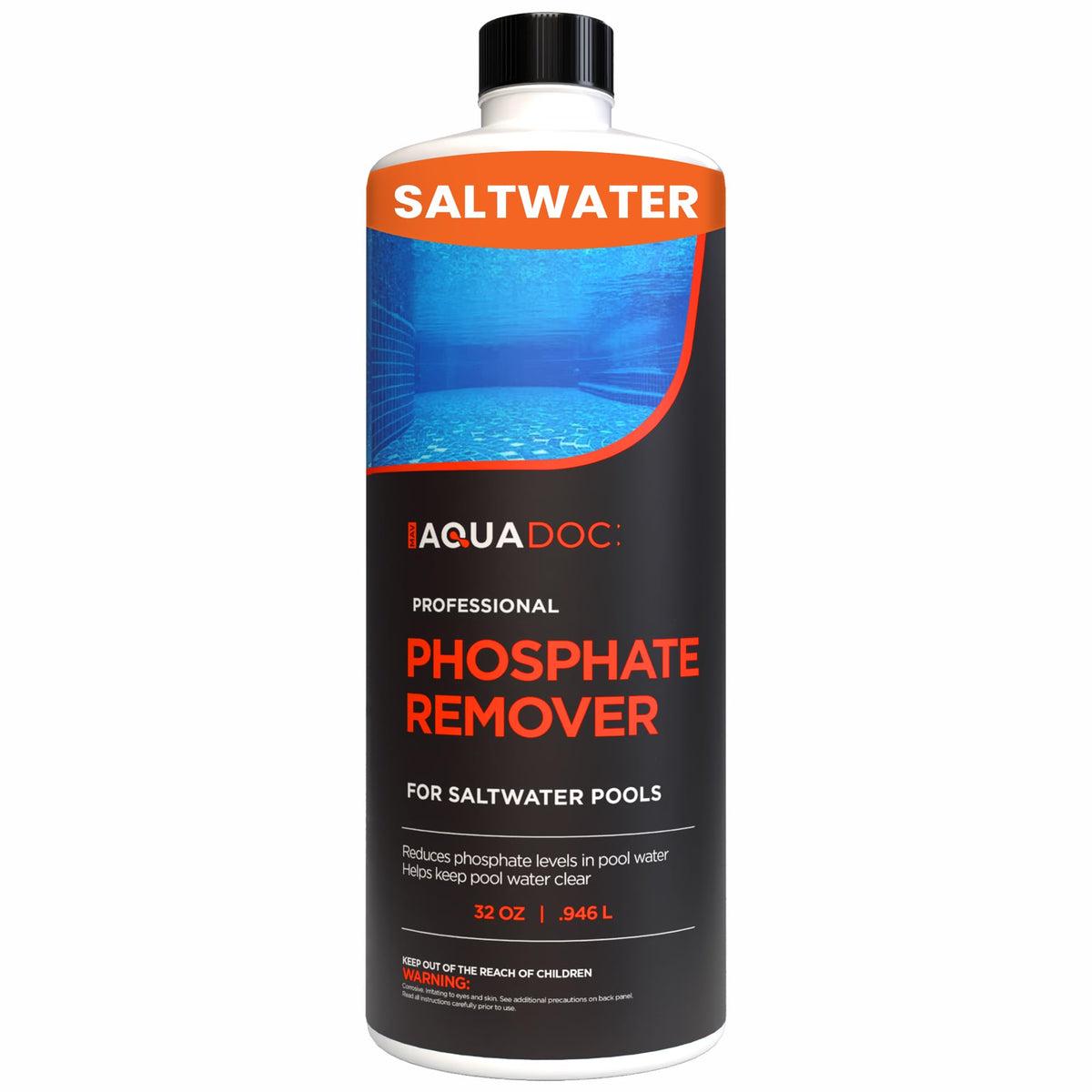 MAV AquaDoc phosphate remover bottle pour demonstrates easy dosing for saltwater pools.