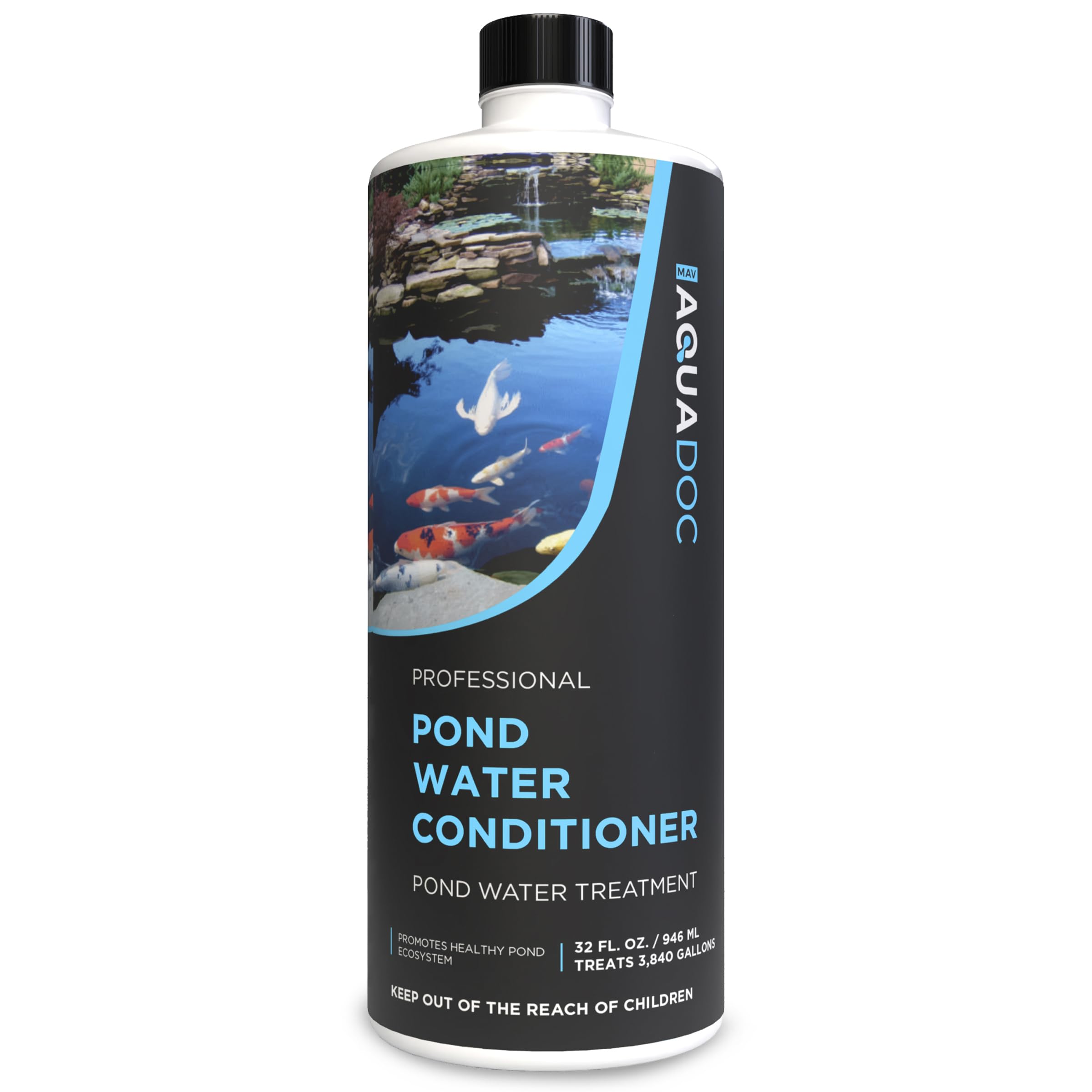 MAV AquaDoc pond conditioner bottle ready for safe fish care during water changes.