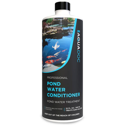 MAV AquaDoc pond conditioner bottle ready for safe fish care during water changes.