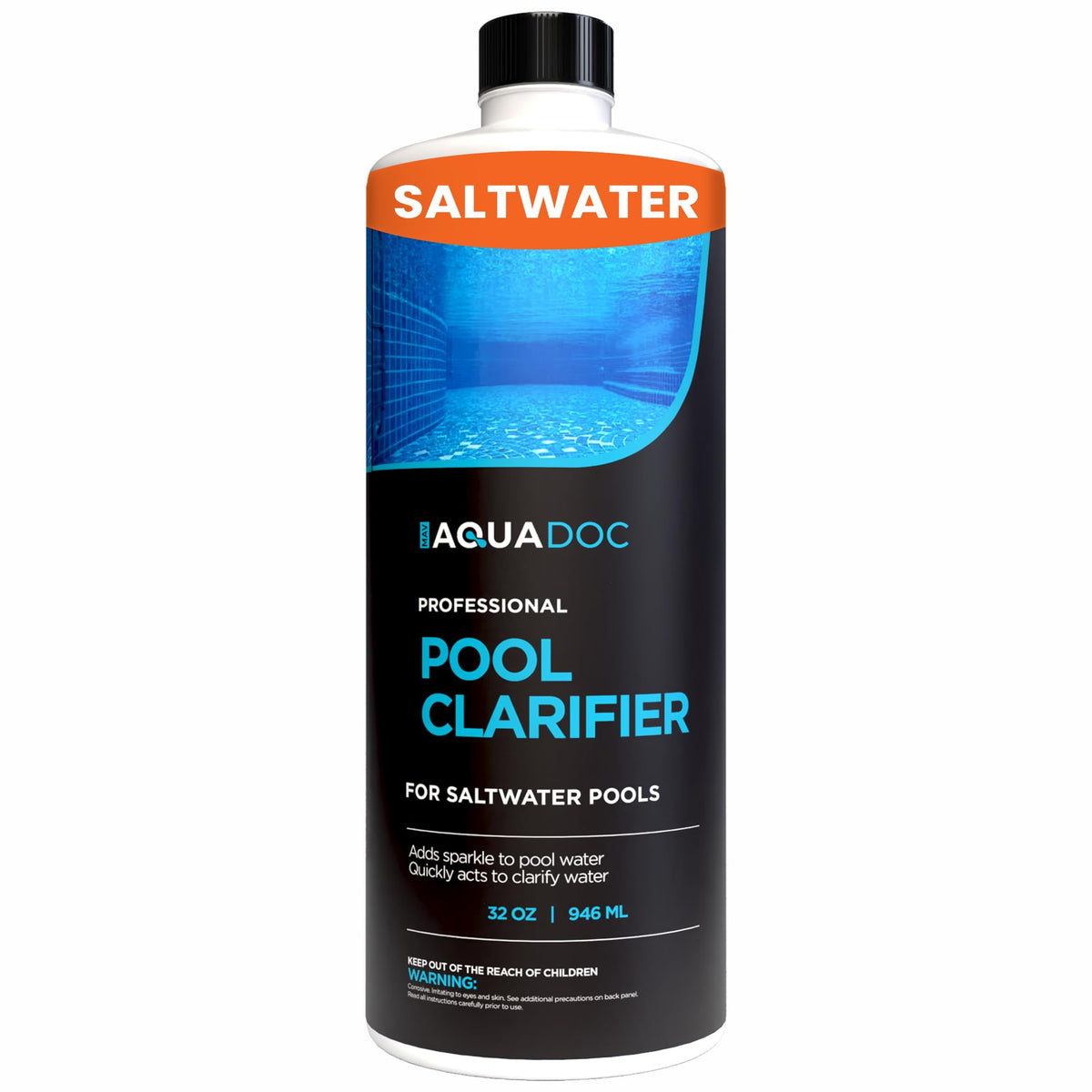 MAV AquaDoc pool clarifier bottle shows easy dosing for clearer saltwater.