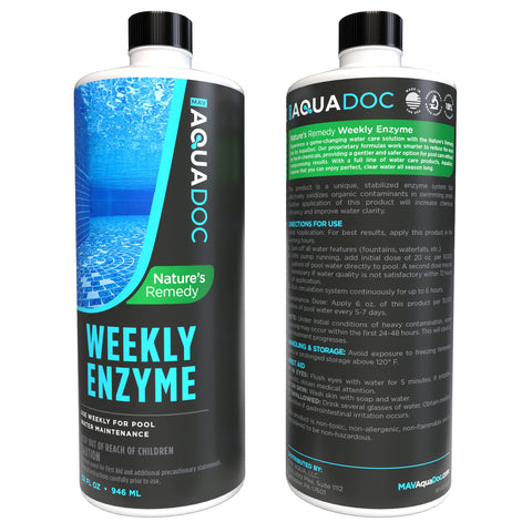 MAV AquaDoc Pool Enzyme bottle close-up reveals natural enzyme blend.