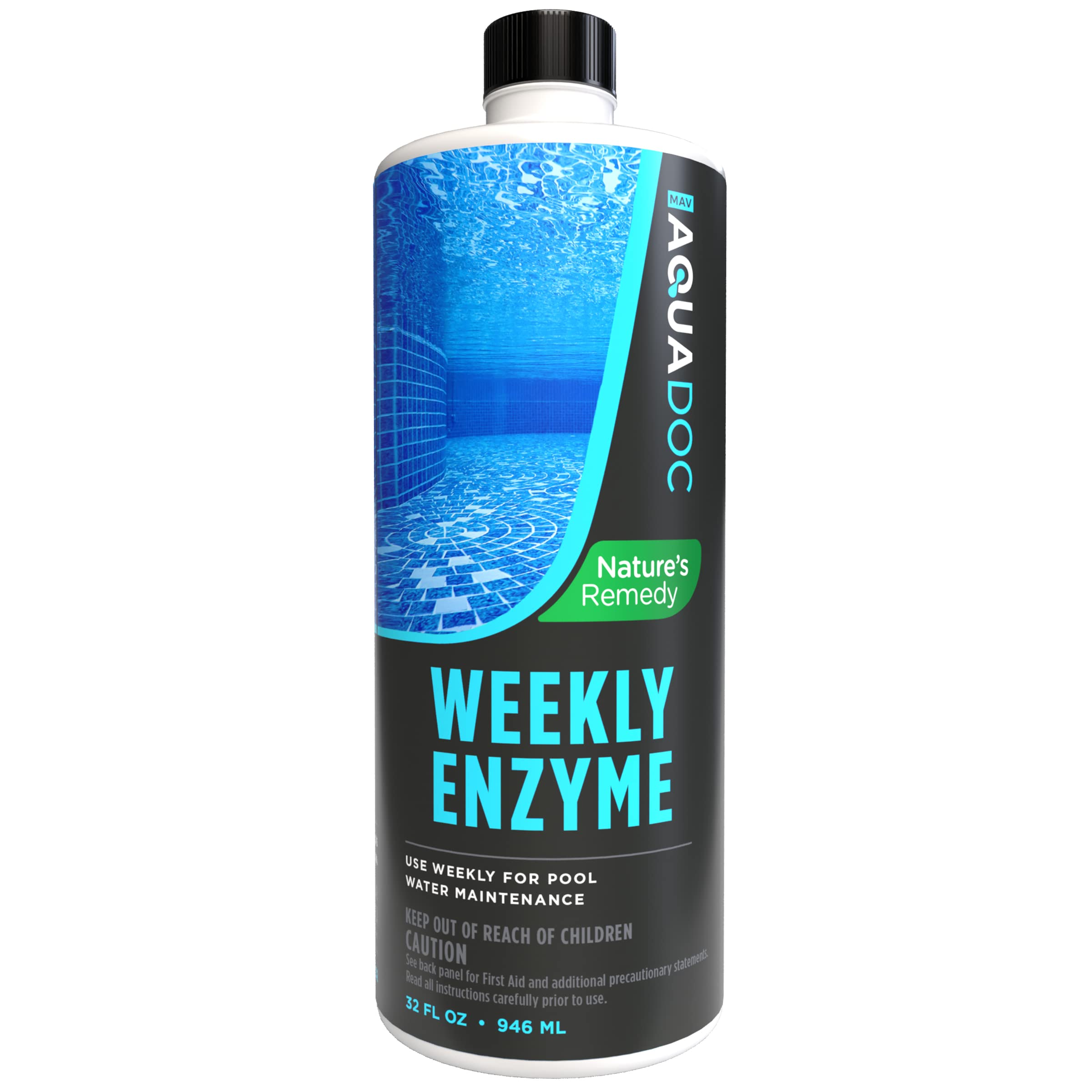 MAV AquaDoc Pool Enzyme bottle pour for clear, natural pool water.
