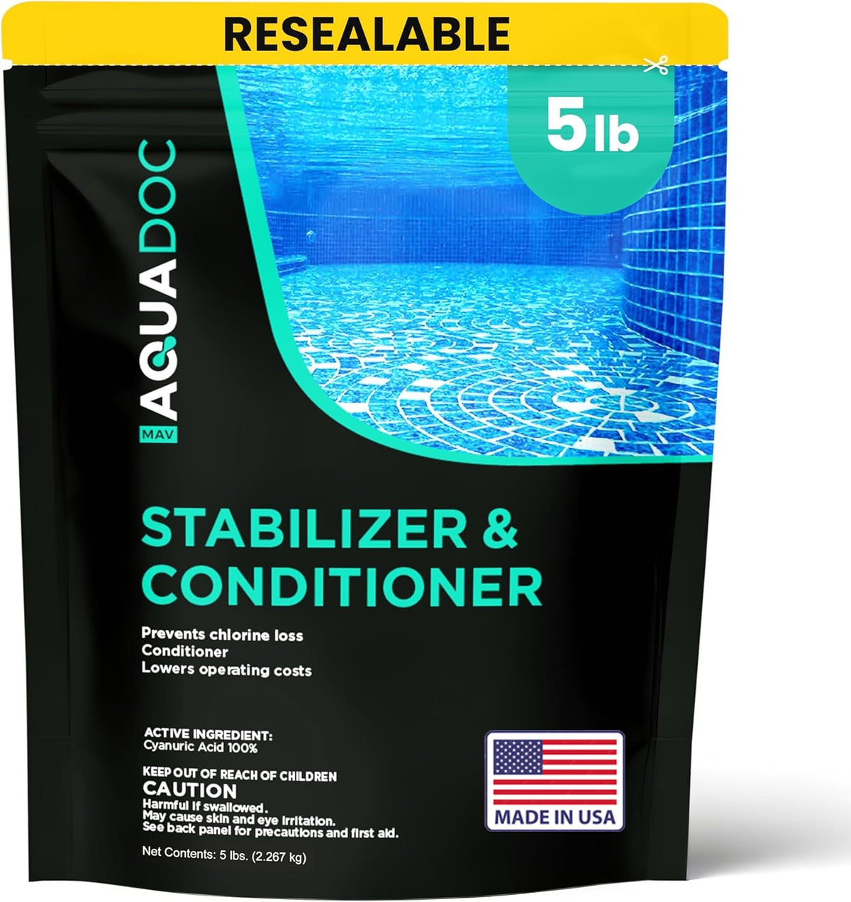 MAV AquaDoc pool stabilizer bottle with label highlighting UV protection for chlorine.