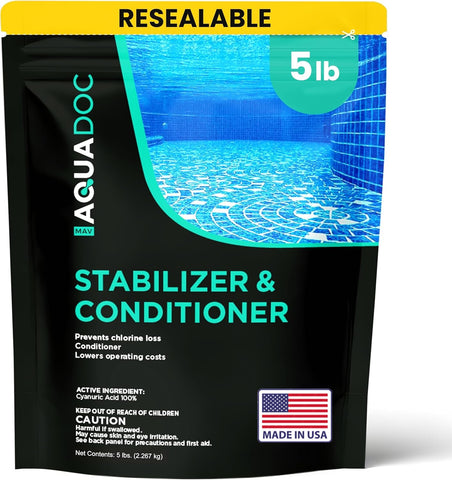 MAV AquaDoc pool stabilizer bottle with label highlighting UV protection for chlorine.