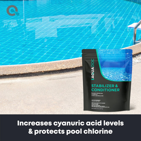 MAV AquaDoc 5lb bucket of cyanuric acid stabilizer for efficient chlorine use.