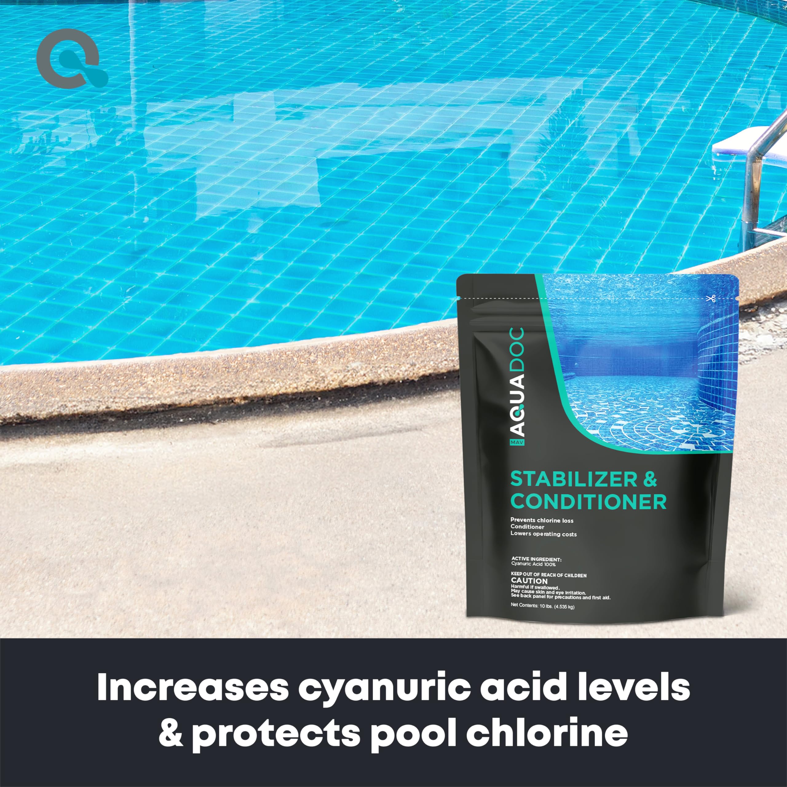 MAV AquaDoc pool stabilizer label detail highlighting USA-made formula.