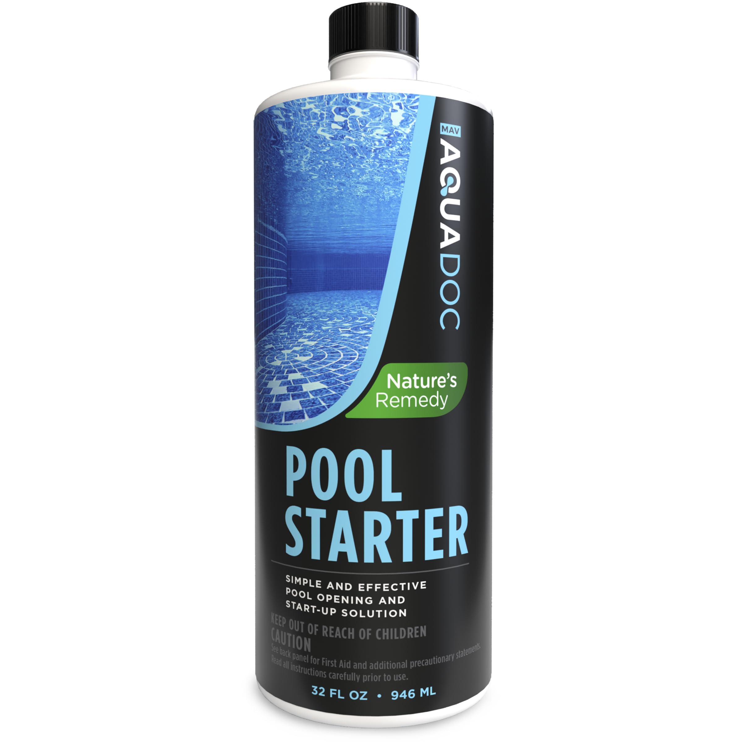 MAV AquaDoc pool starter 32oz bottle pour improves opening clarity with enzyme action.