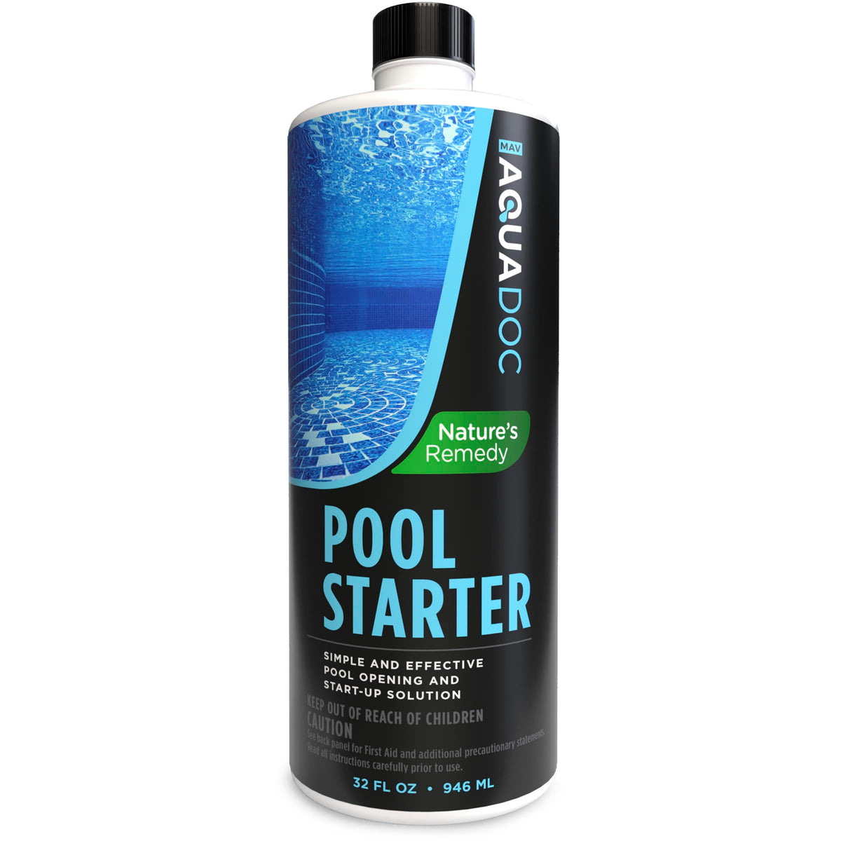 MAV AquaDoc pool starter 32oz bottle pour improves opening clarity with enzyme action.