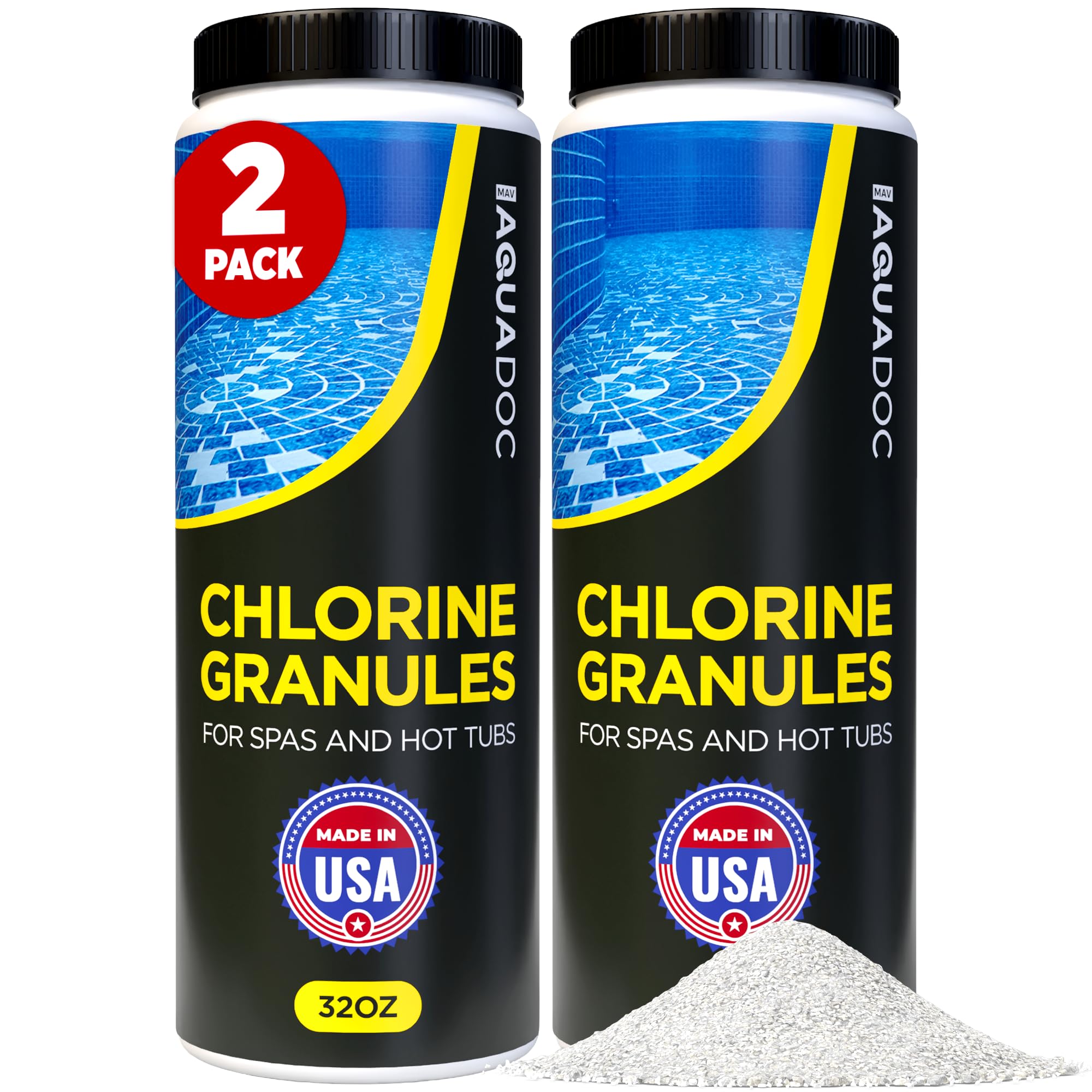 MAV AquaDoc spa chlorine 2lb packaging for easy hot tub dosing.