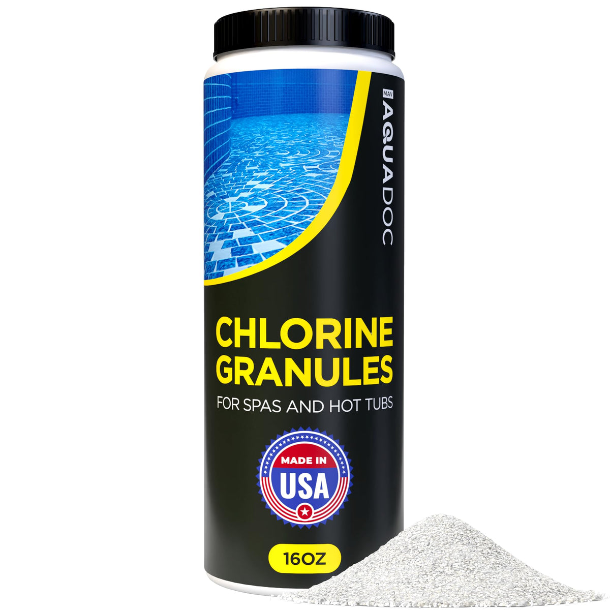 MAV AquaDoc spa chlorine granules bottle front for quick hot tub sanitizing