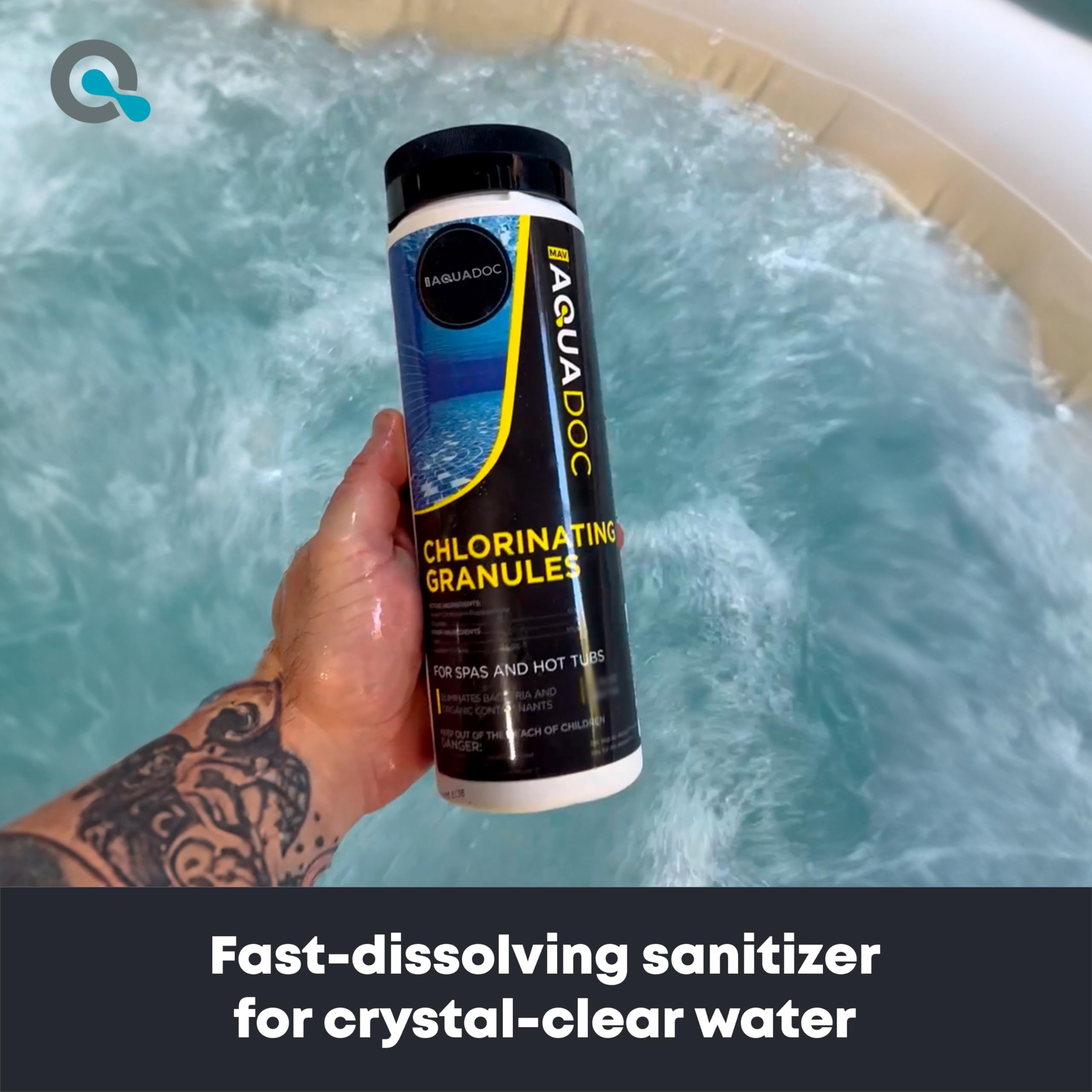 MAV AquaDoc 1lb package open shows easy-to-use chlorine granules for spa