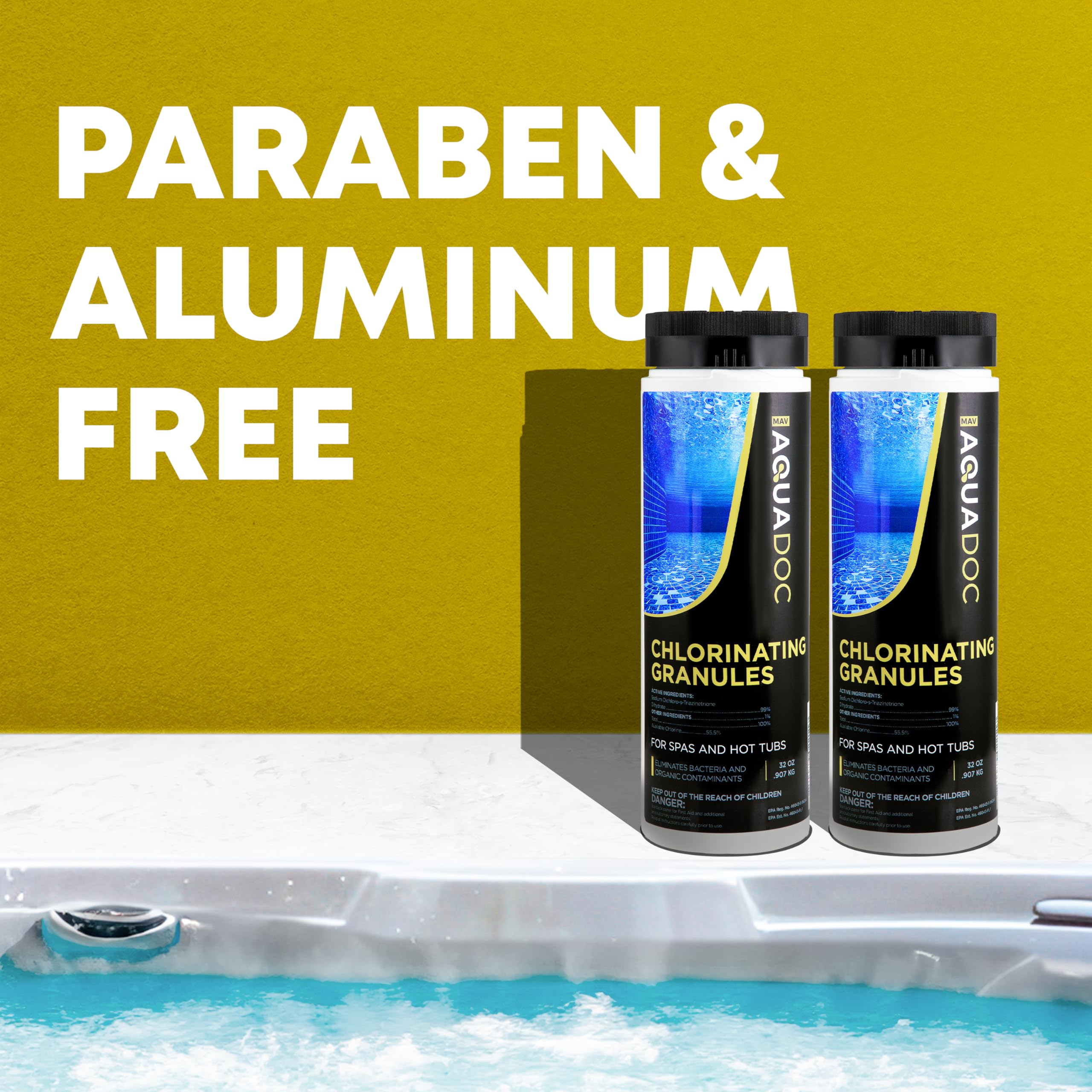 MAV AquaDoc quick-dissolution granules deliver fast spa sanitizing results.