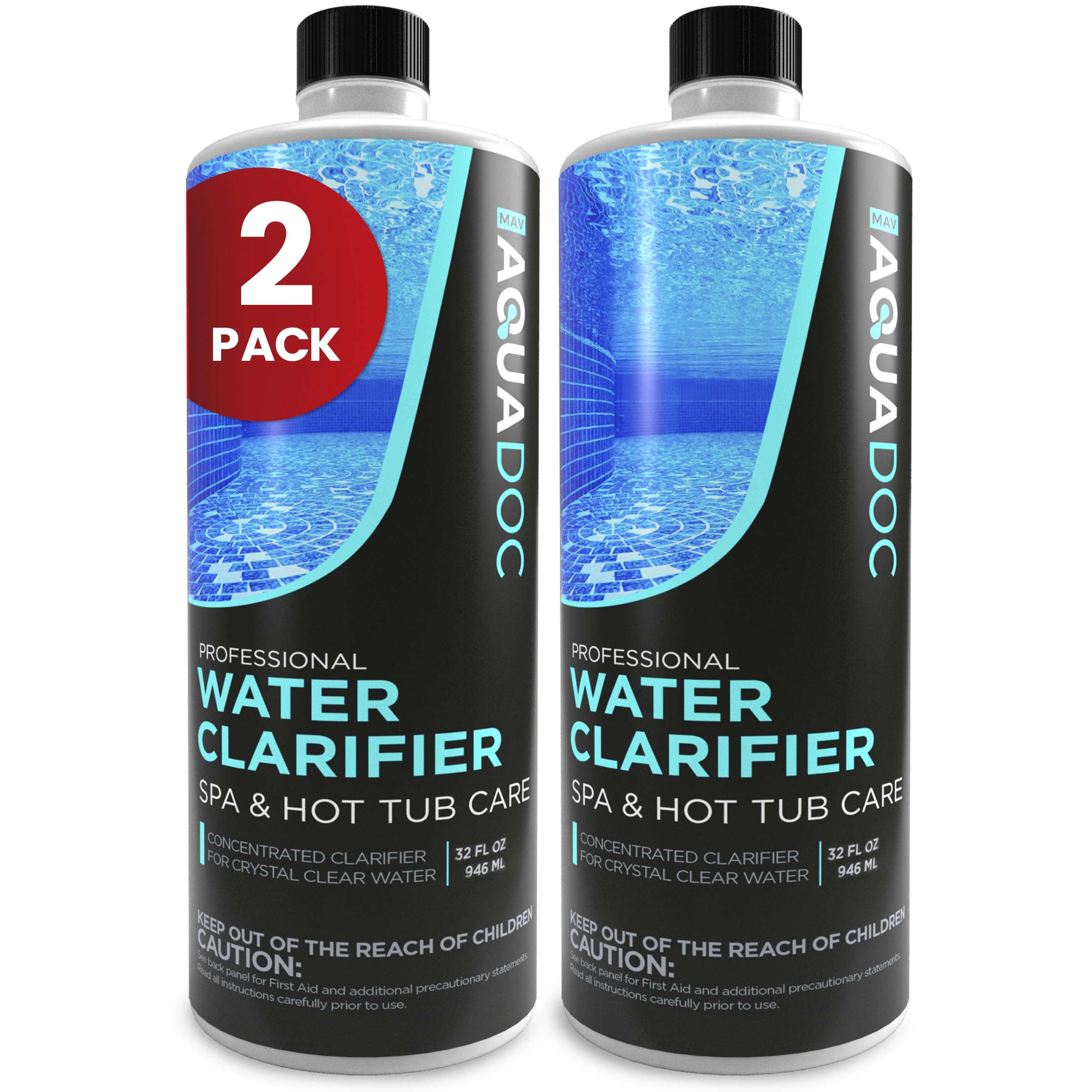 MAV AquaDoc Spa Clarifier bottle front, easy storage.