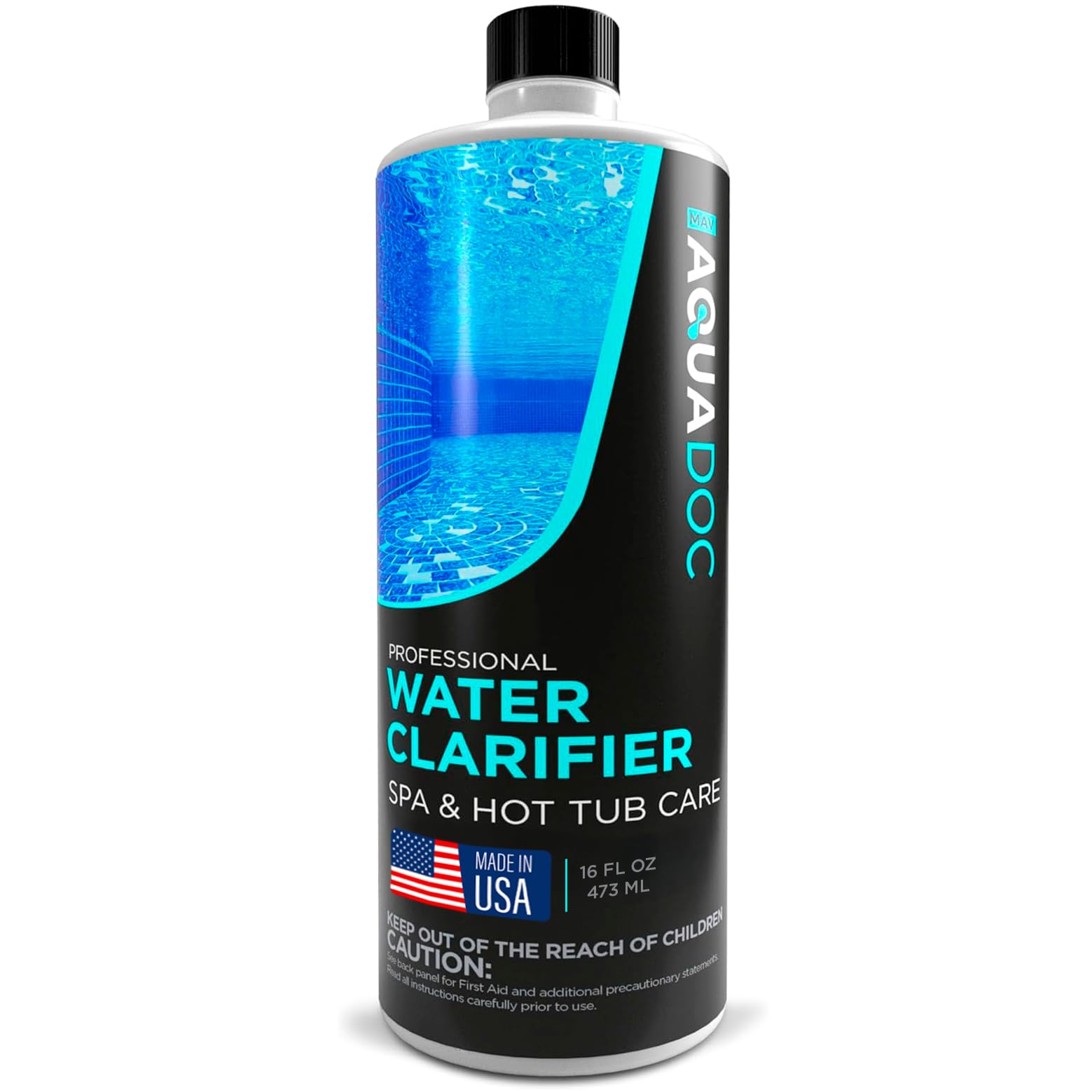 MAV AquaDoc Spa Clarifier bottle front for quick dosing and clarity.