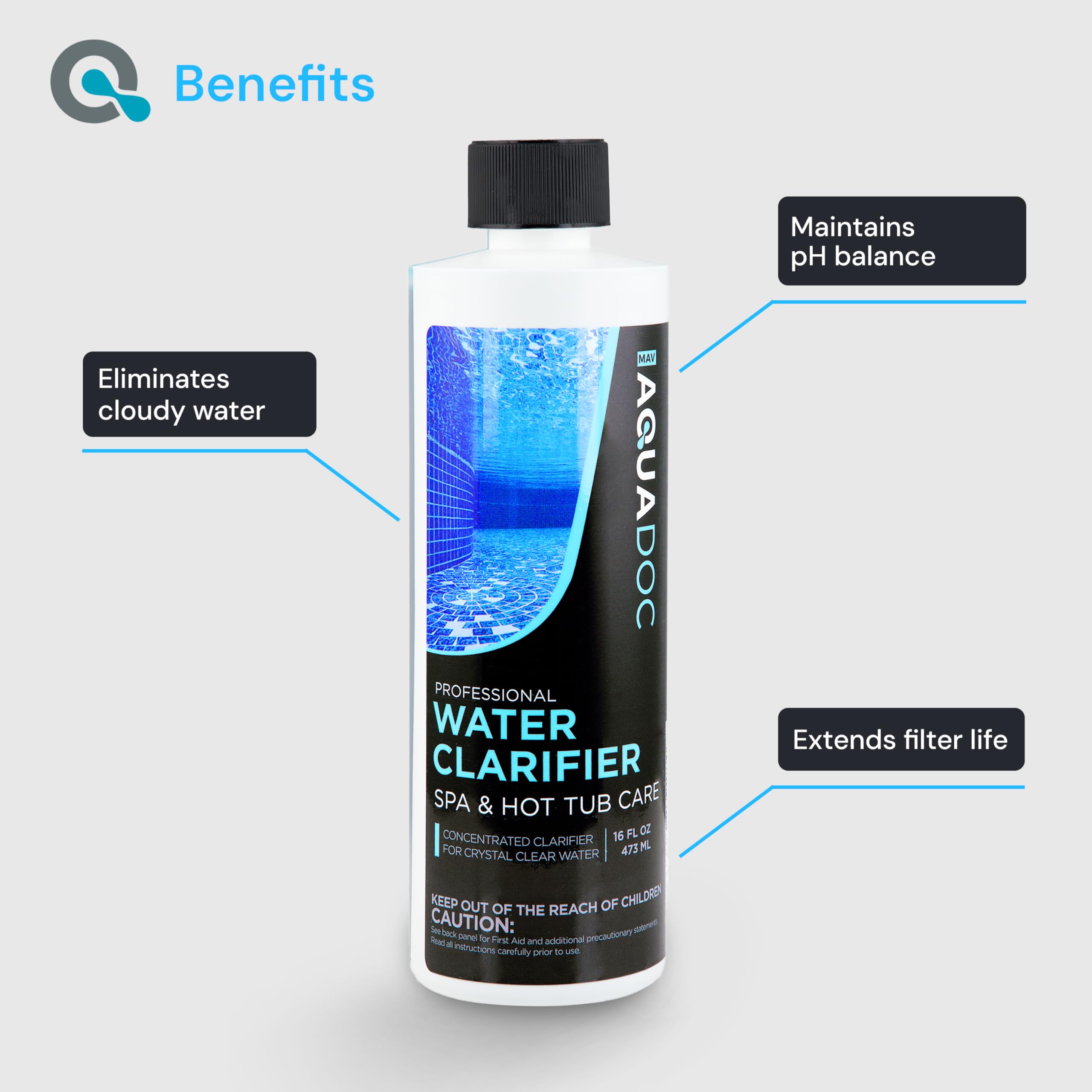 MAV AquaDoc Spa Clarifier close-up highlights easy-to-pour formula.