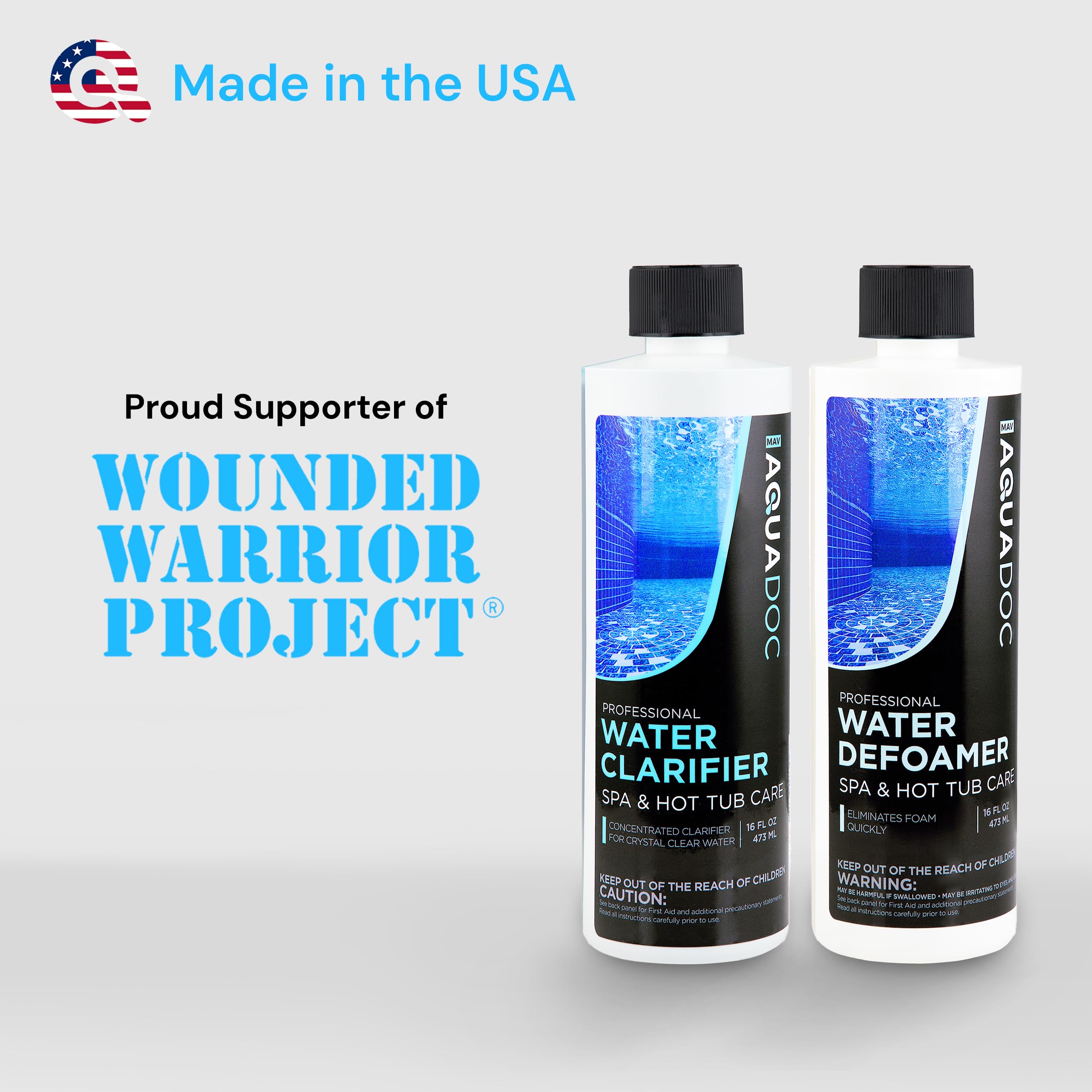 MAV AquaDoc Spa Clarifier label close-up with usage guidance.