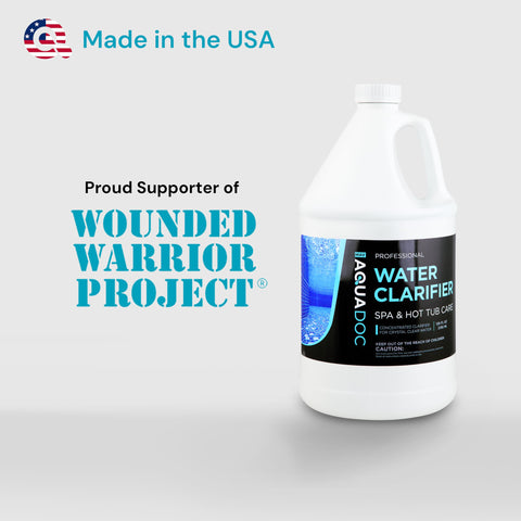 MAV AquaDoc Spa Clarifier bottle displayed in a shop setup for spa care.
