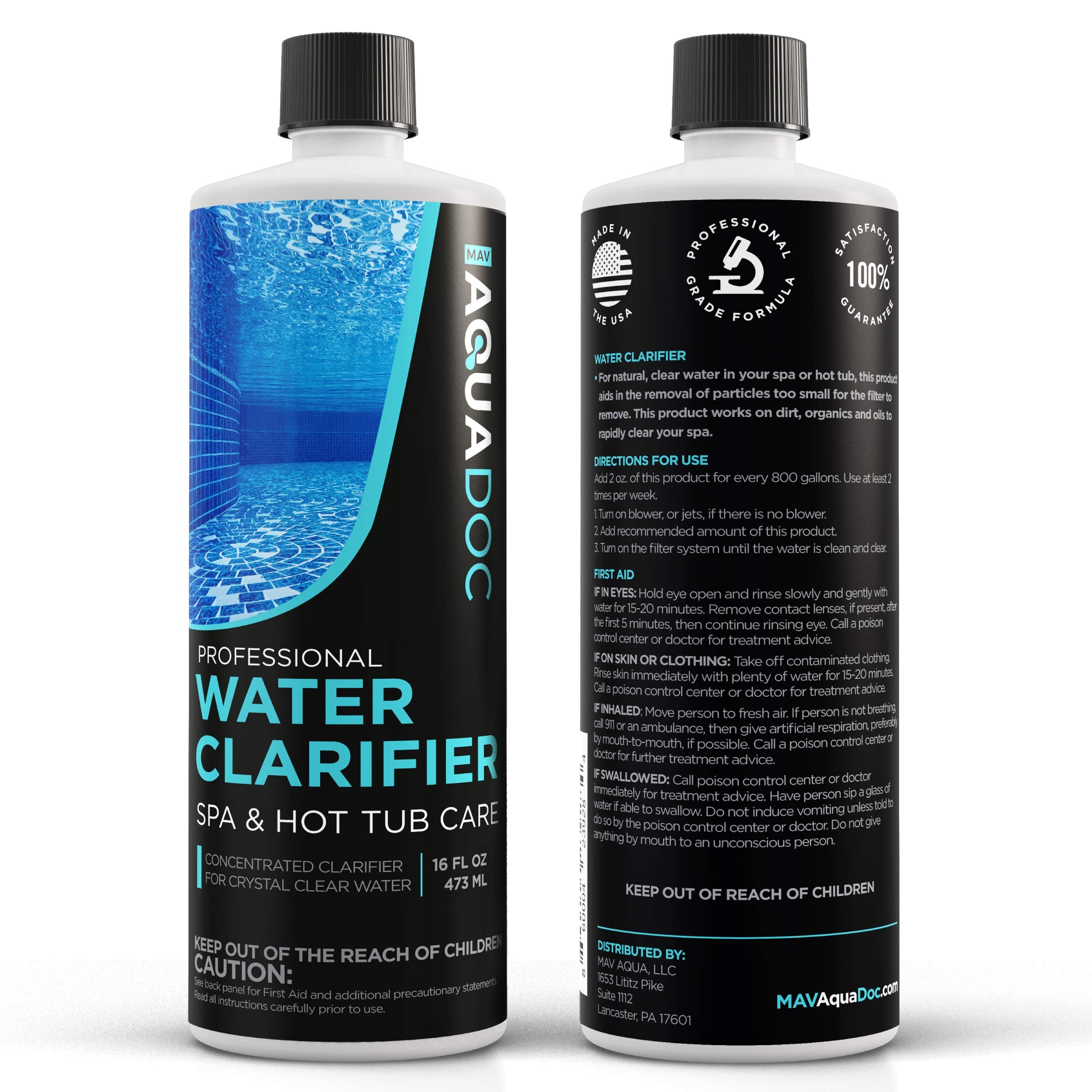 MAV AquaDoc Spa Clarifier improves water clarity and balance in hot tubs.