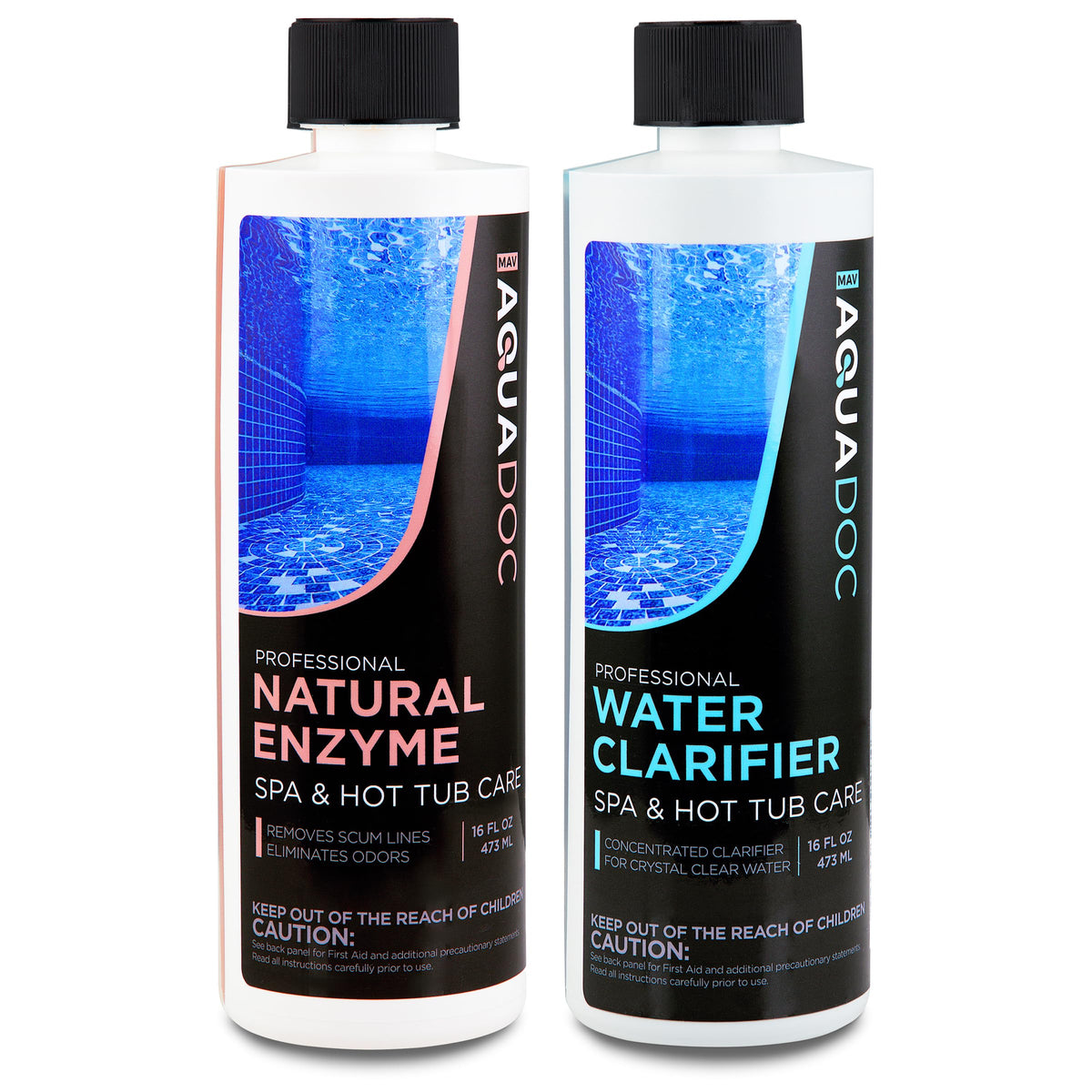 MAV AquaDoc spa enzyme cleaner bottle reduces oils and scum buildup.