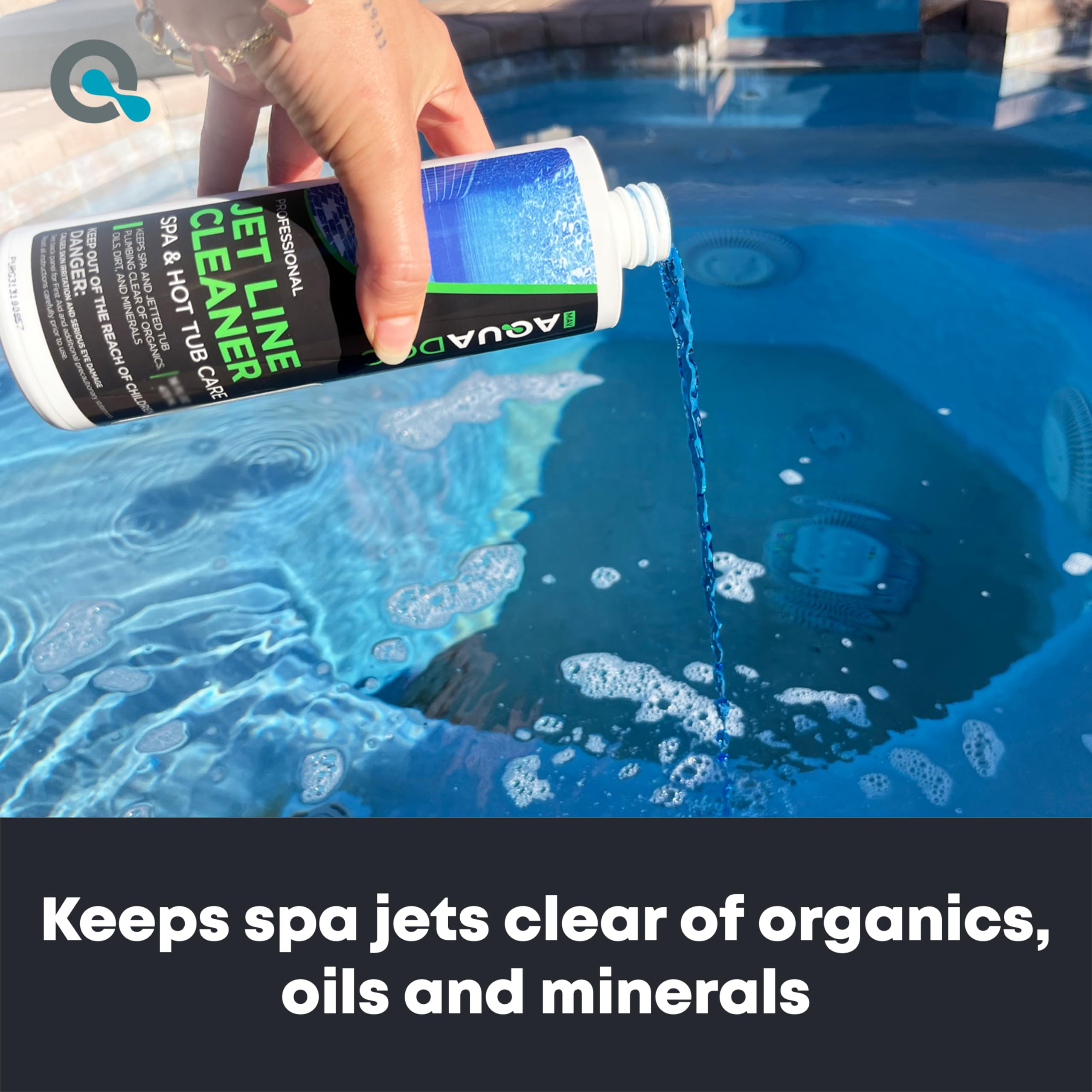 MAV AquaDoc Spa Jet Cleaner being poured to illustrate fast-acting cleaning action.