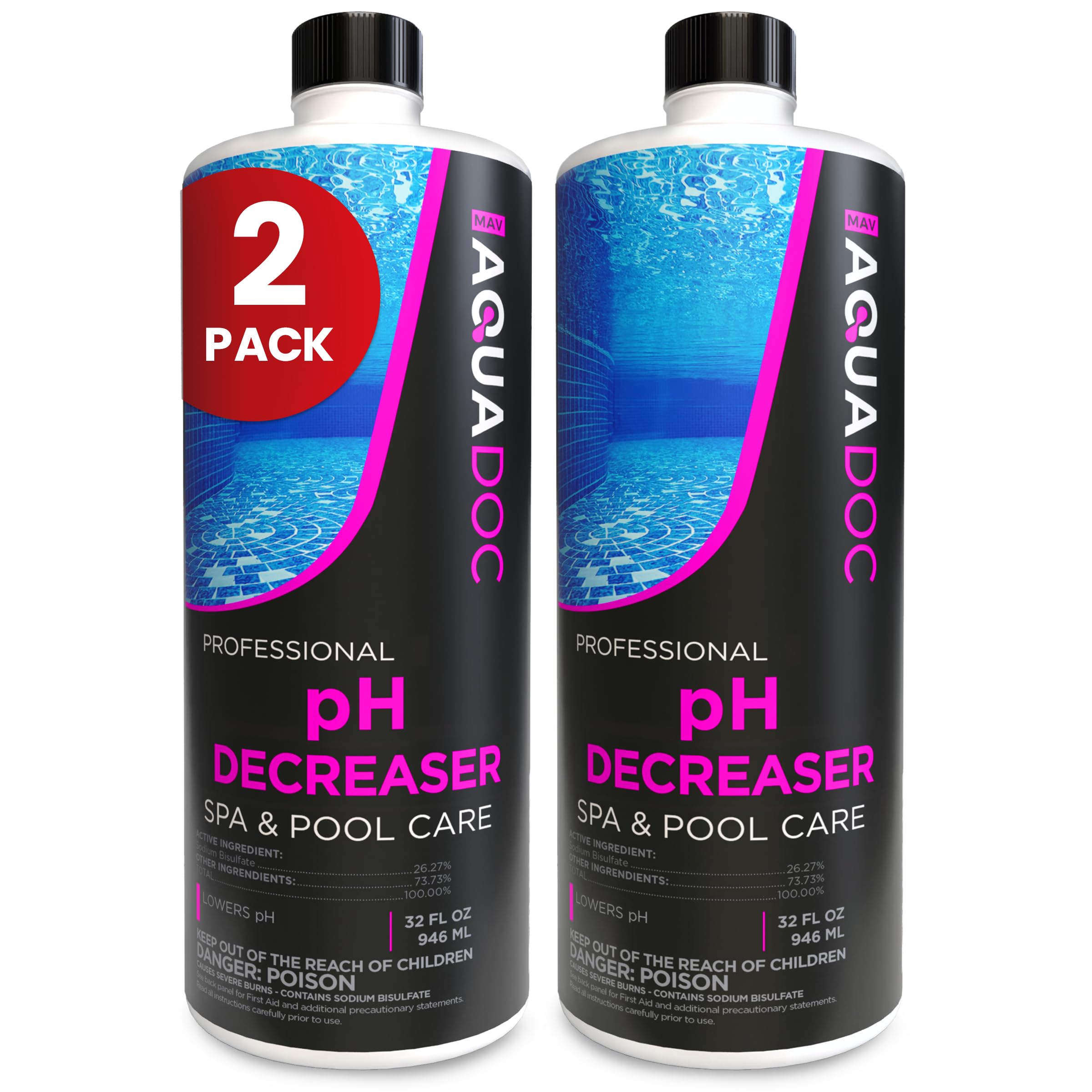AquaDoc Spa pH Decreaser bottle pouring into a hot tub to balance pH for clearer water.