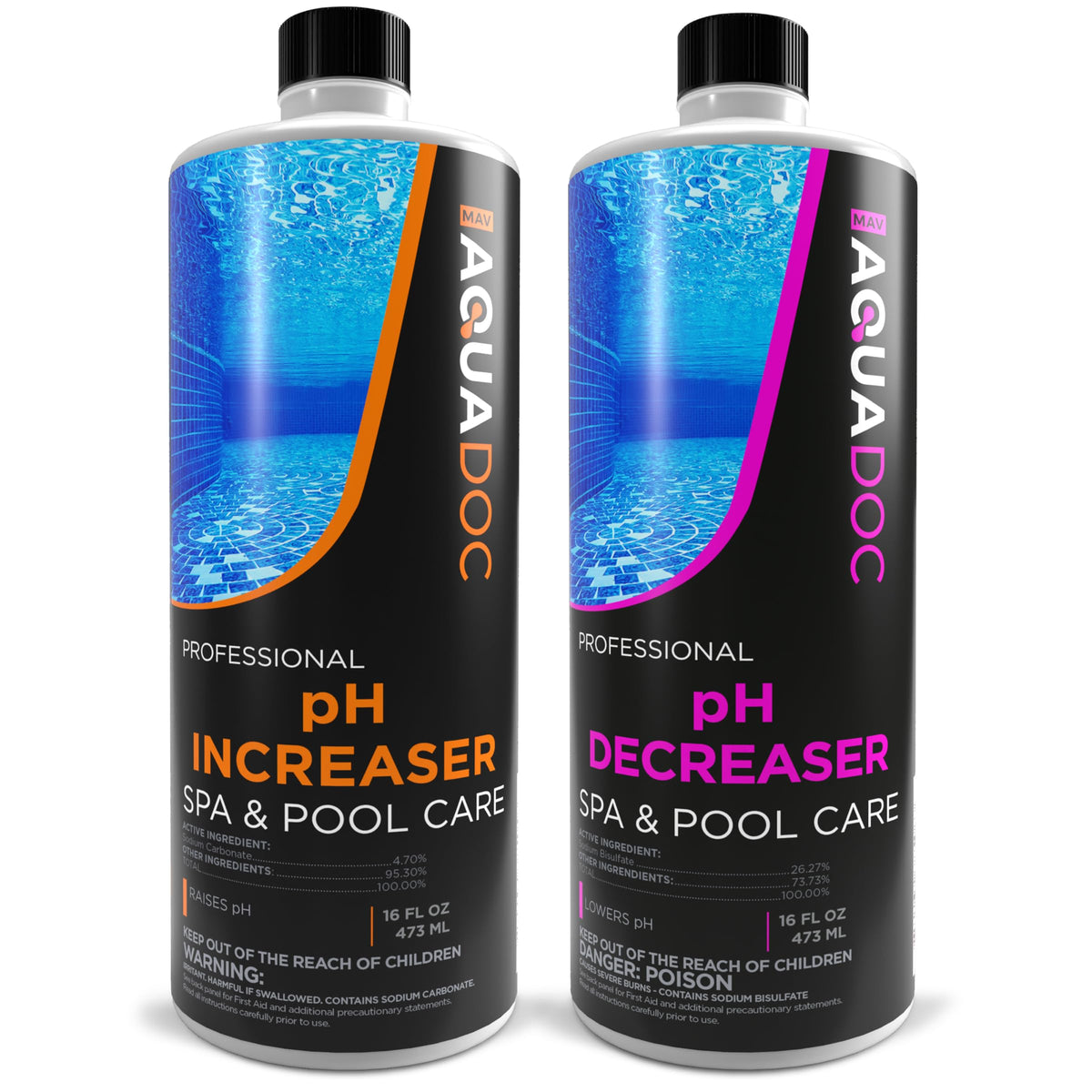 AquaDoc Spa pH Up & Down bottle front for balanced spa water and comfortable soaking.