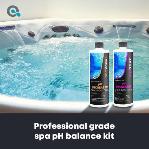AquaDoc spa pH Up bottle label highlights pH balancing for clearer water.